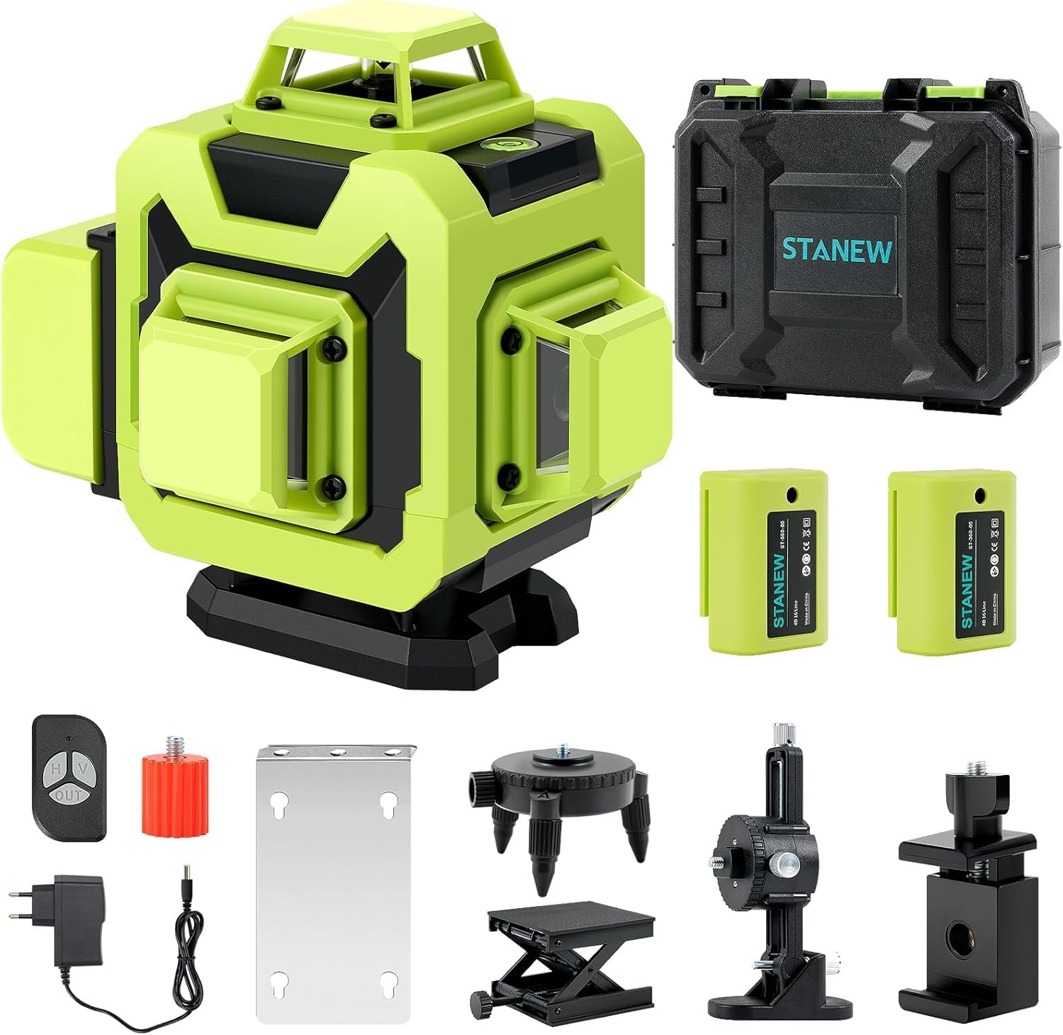 Stanew Niveau Laser 360°x 4 Chantier Autonivelant,Lazer Niveaux 4D 16 Lignes Laser,Nivellement Automatique, Support Rotatif, Télécommande,2x2400 mAh Batterie,Autonivellement et Mode Pulsé Extérieur
