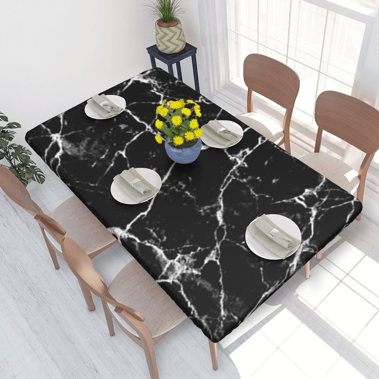 Rectangle Tablecloth 122x76cm For 4ft Dining Table Protector - Black Marble Printed Elastic Edged Table Cover Wrinkle Free Table Decoration Table Cloth