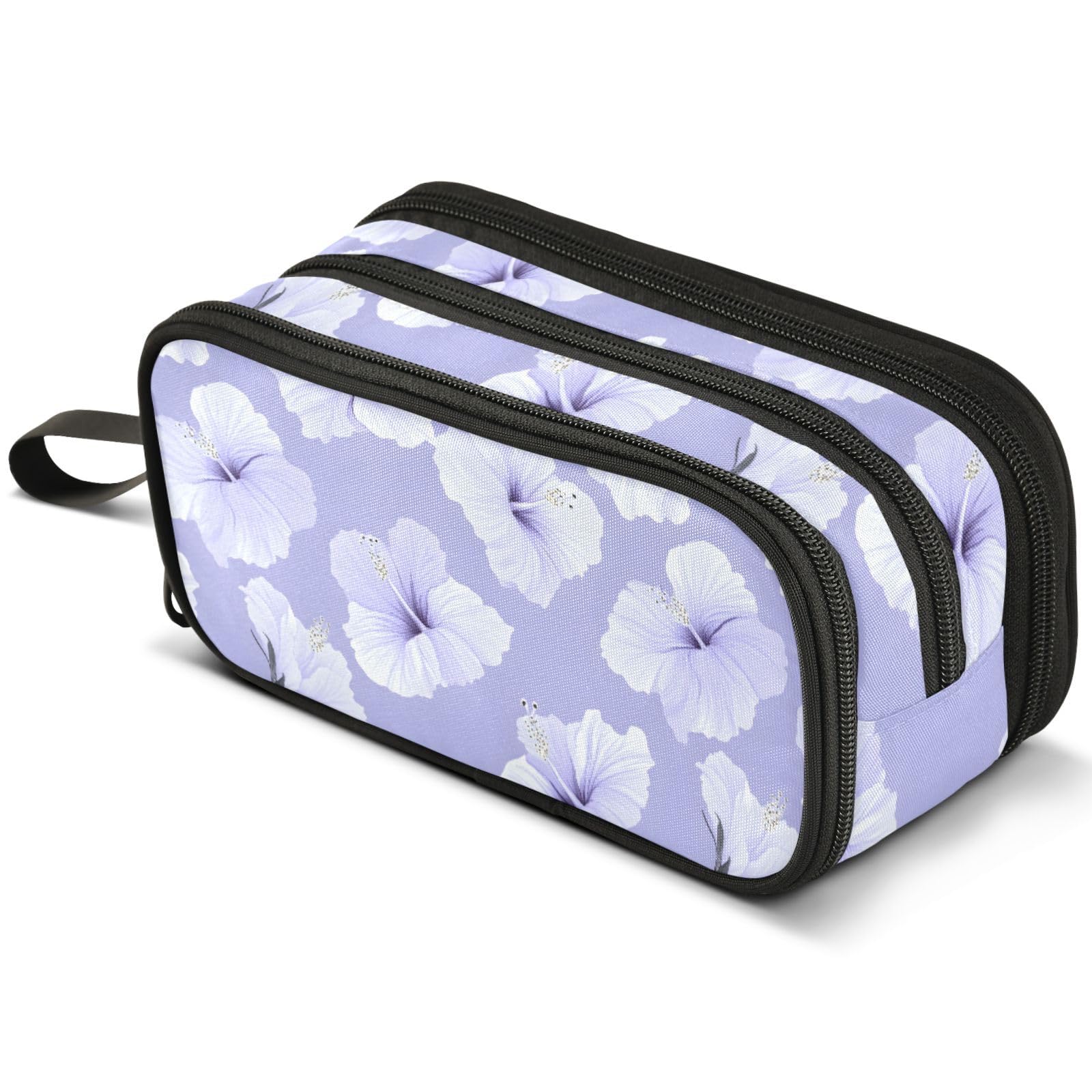 ALAZA Purple Hibiscus Flower Large Pencil Case, Pen Pouch Pencil Bag with 3 Compartments Pen Holder Organizer Stationery Bag