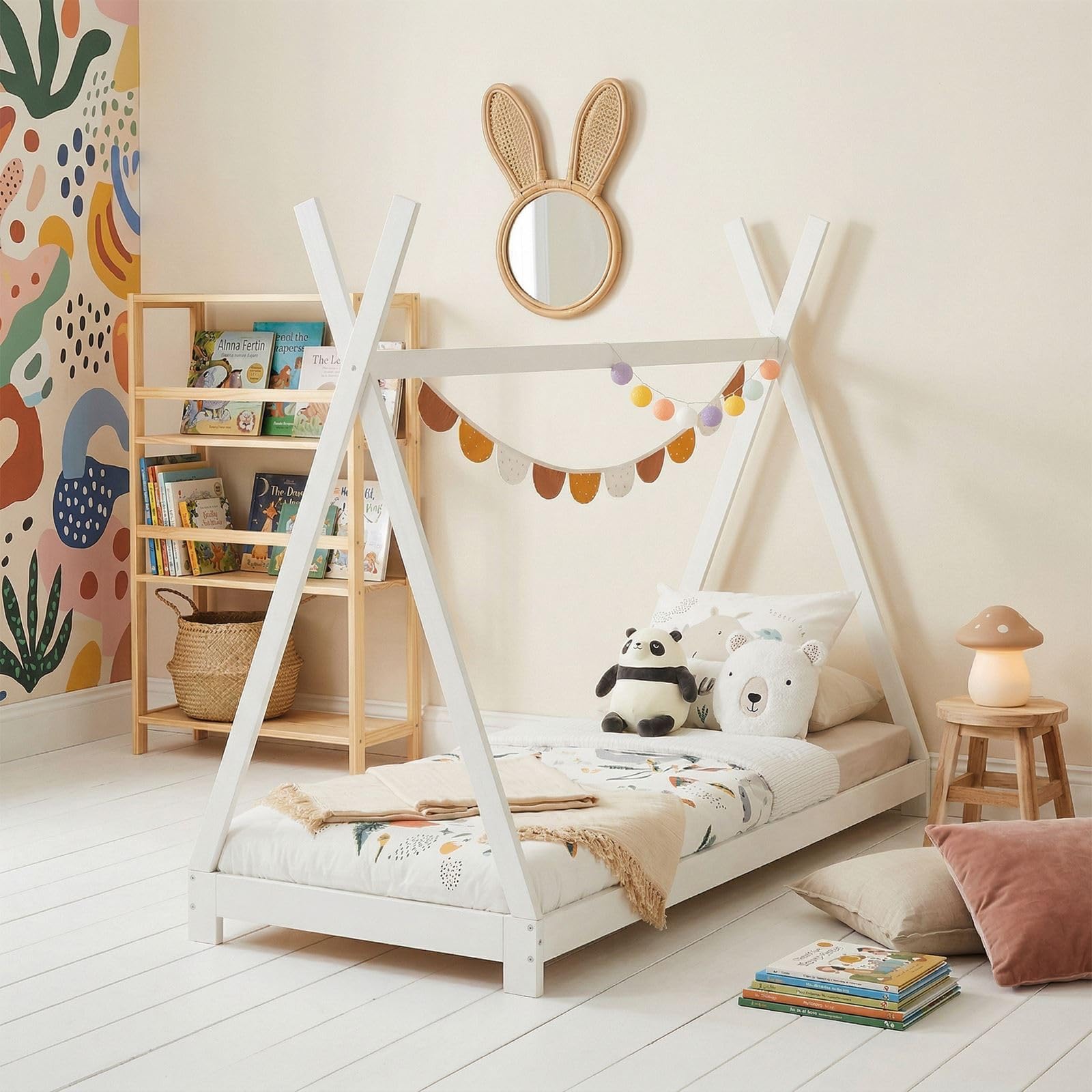 IDIMEX Tipi Bett ELIN aus massiver Kiefer in 90 x 200, Kinder Hausbett mit Dach, modernes Indianer Spielbett für Kinder, weiß lackiert