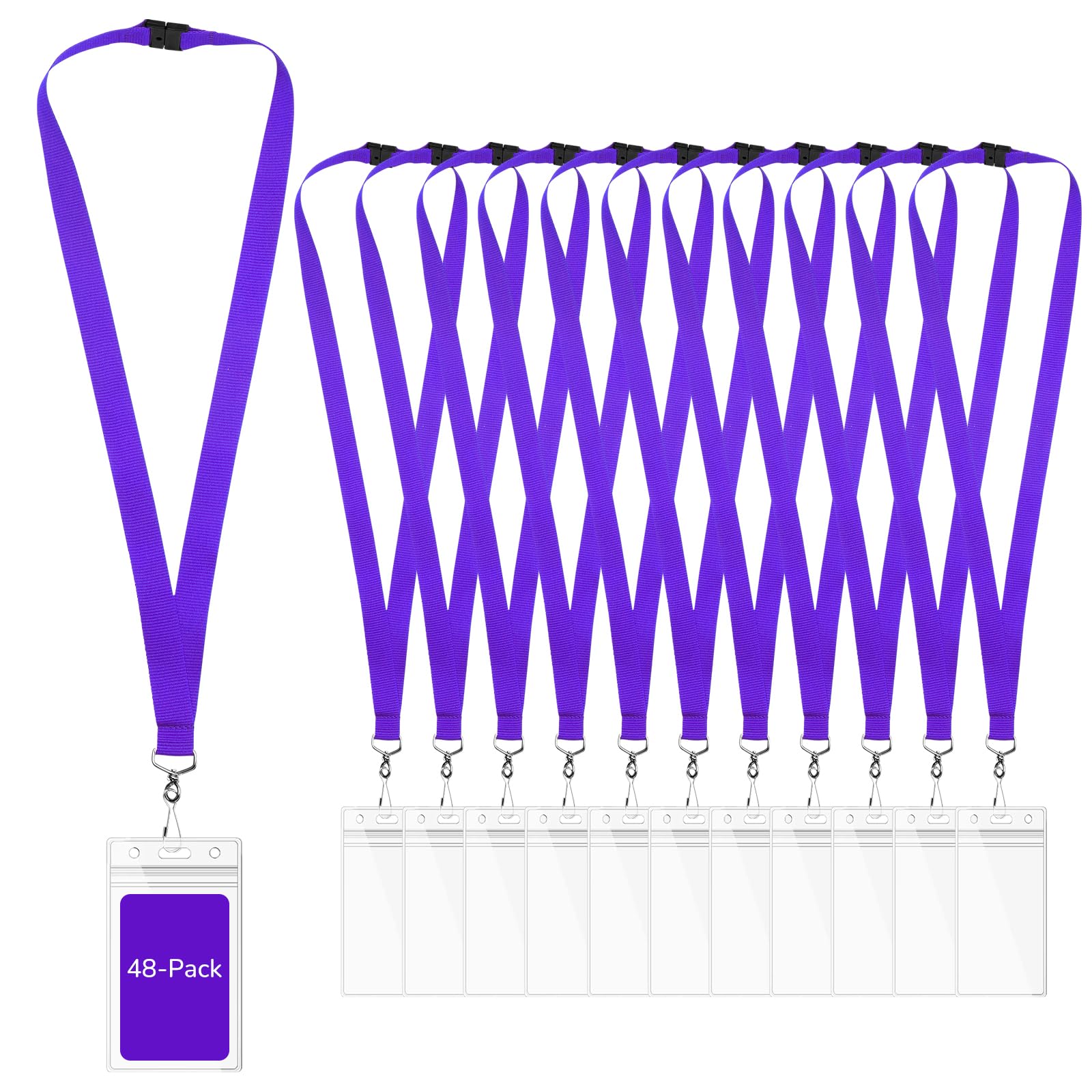 WEZEBEL 48-Pack Purple Breakaway Lanyards with Waterproof Badge Holders, Polyester Neck Straps for ID Cards, Events, Office, and Schools