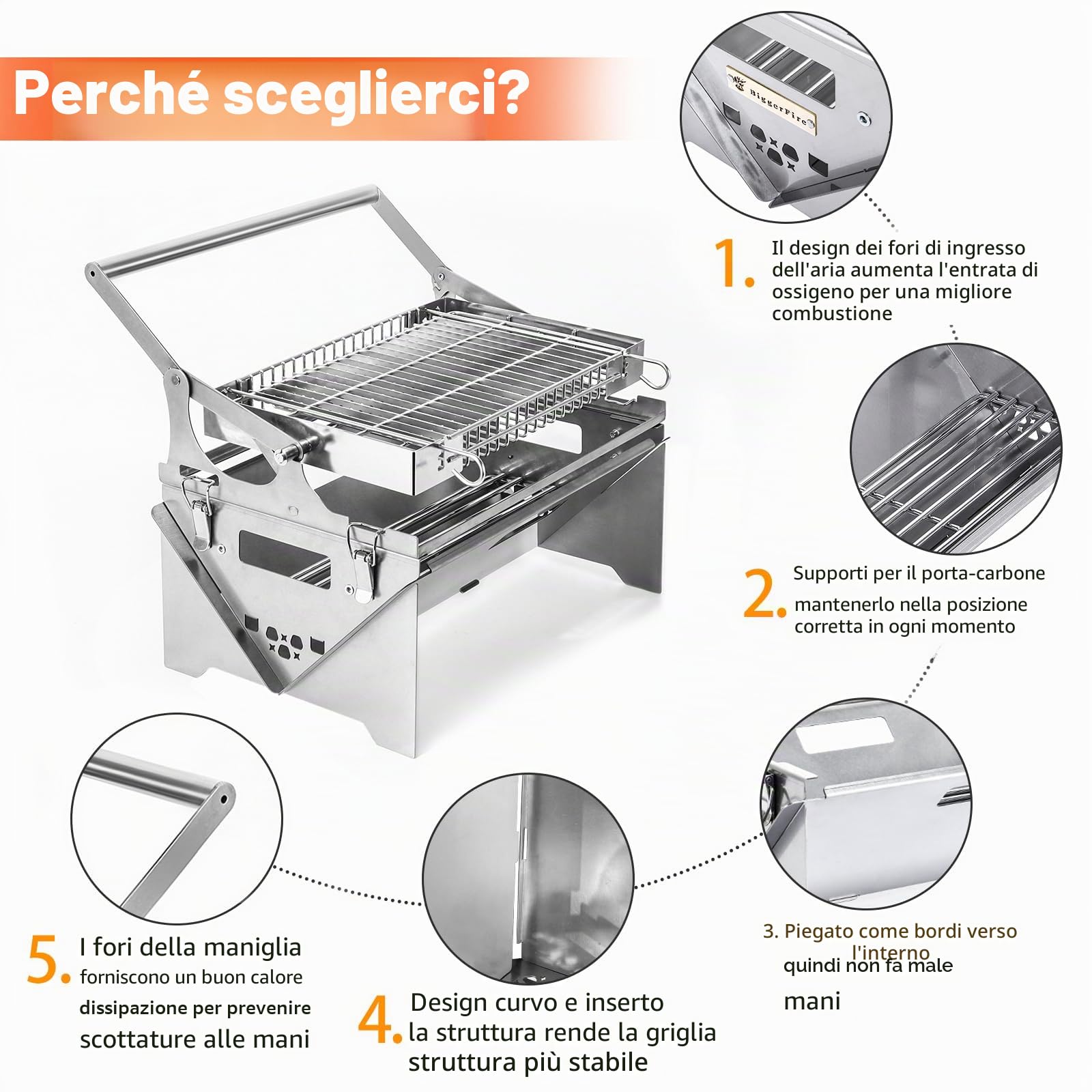 Griglia girevole a 360° in acciaio inox, portatile per campeggio e barbecue a carbone, griglia rimovibile per picnic, cortile e feste