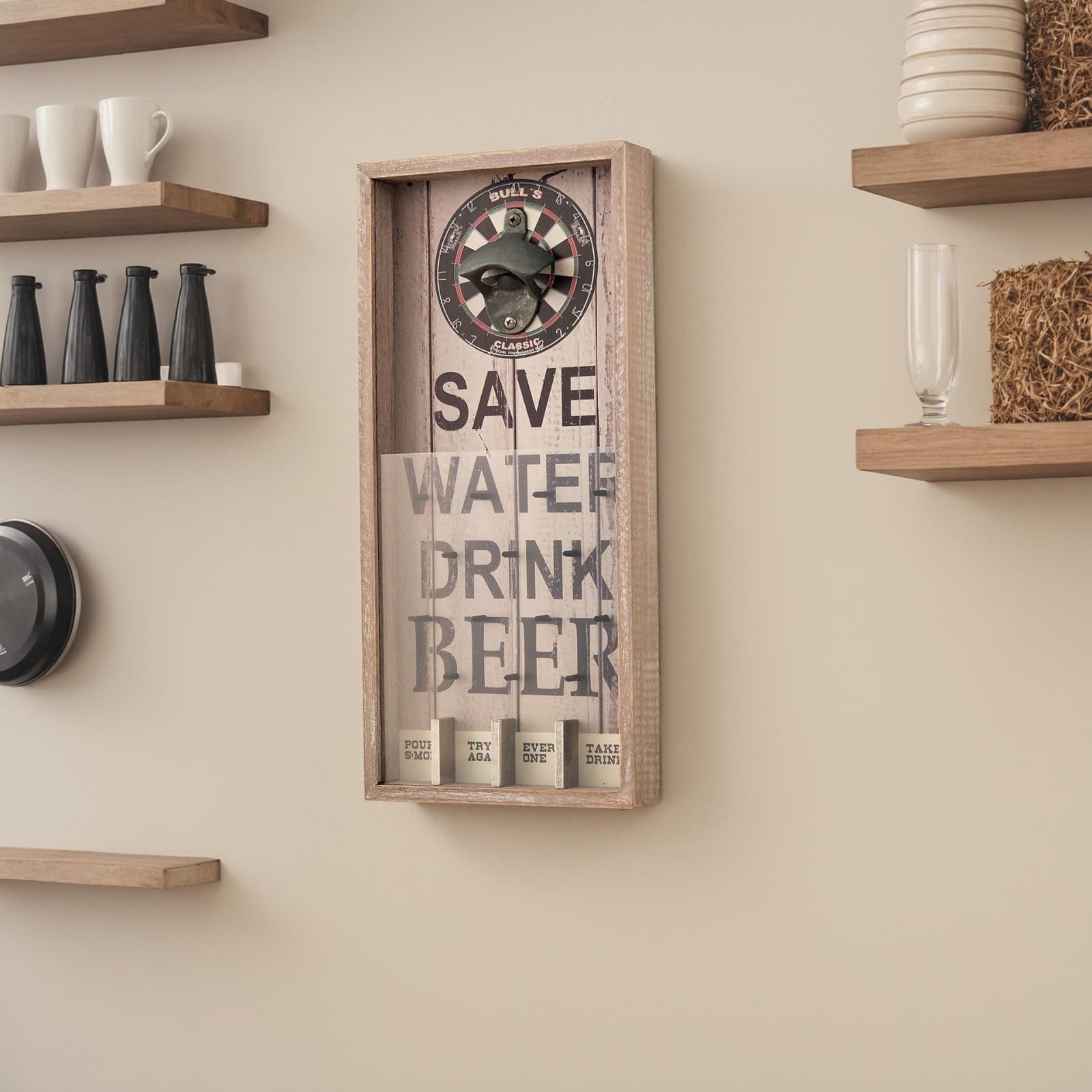 Vintage Wandflaschenöffner mit Kronkorken Sammler – Wandmontierter Flaschenöffner aus Holz & Metall, Retro Bier Flaschenöffner mit Auffangbehälter für Hausbar Küche Garage Männerhöhle