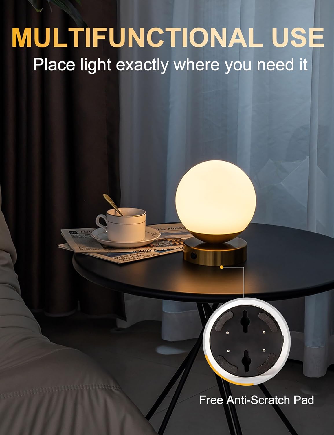 Battery Operated Rechargeable Wall Sconce Single, Brushed Gold Opal Glass Globe Wall Lamp, Wireless Touch & Remote Control, Dimmable 3 CCT + 12 RGB Colors for Bedroom Living Room Hallway