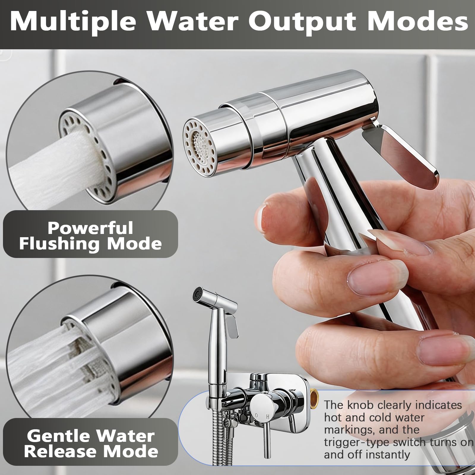 Kit Bidet de Mano Agua Caliente y Fría, 2 Modos de Chorro con Suave y Fuerte, Grifo de Bidet Empotrado Cromado, Ducha de Higiene Íntima de Latón con Mezclador Manguera 1,5m para WC y Mascotas