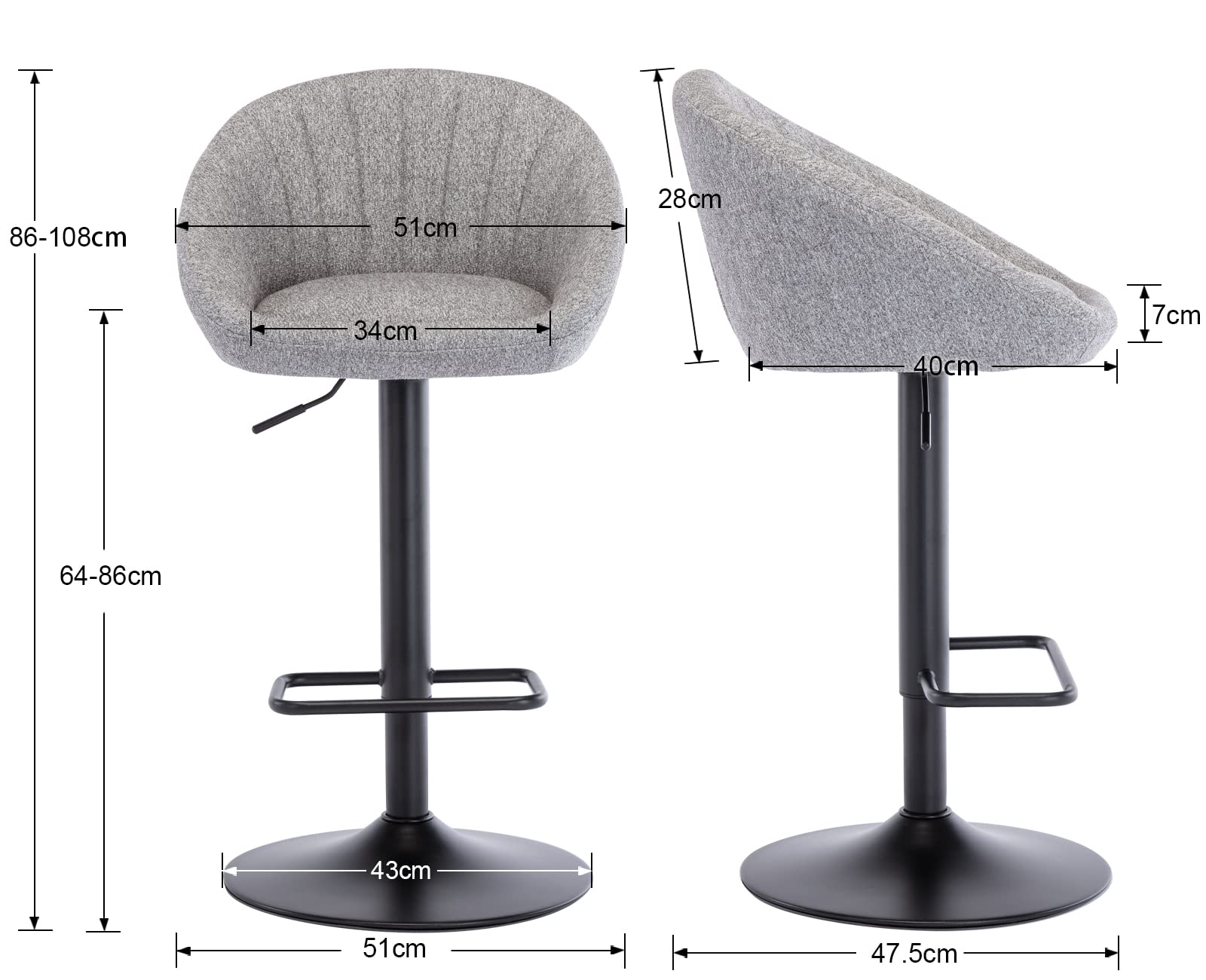 Wahson Set of 2 Bar Stools Fabric Breakfast Counter Chairs with