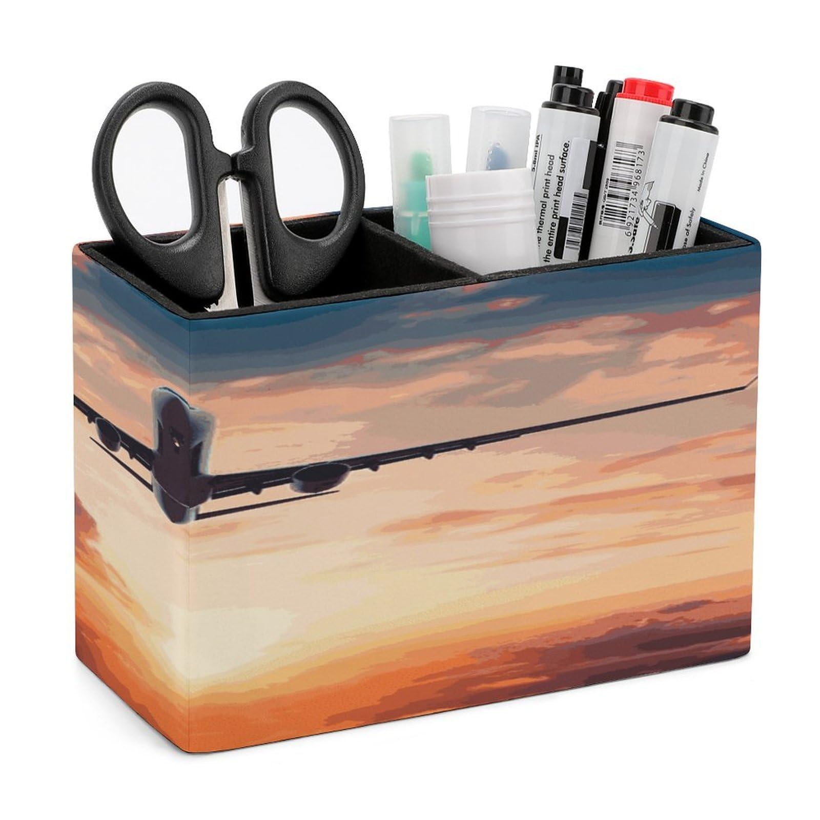 VstaDank Airplane Sunset Sky Pencil Holder for Desk(Double Slots) Fashion Leather Pencil Cup Simple Rectangular Shape Pen Holder Multi-Functional Pen Cup for Home Office Supplies Storage
