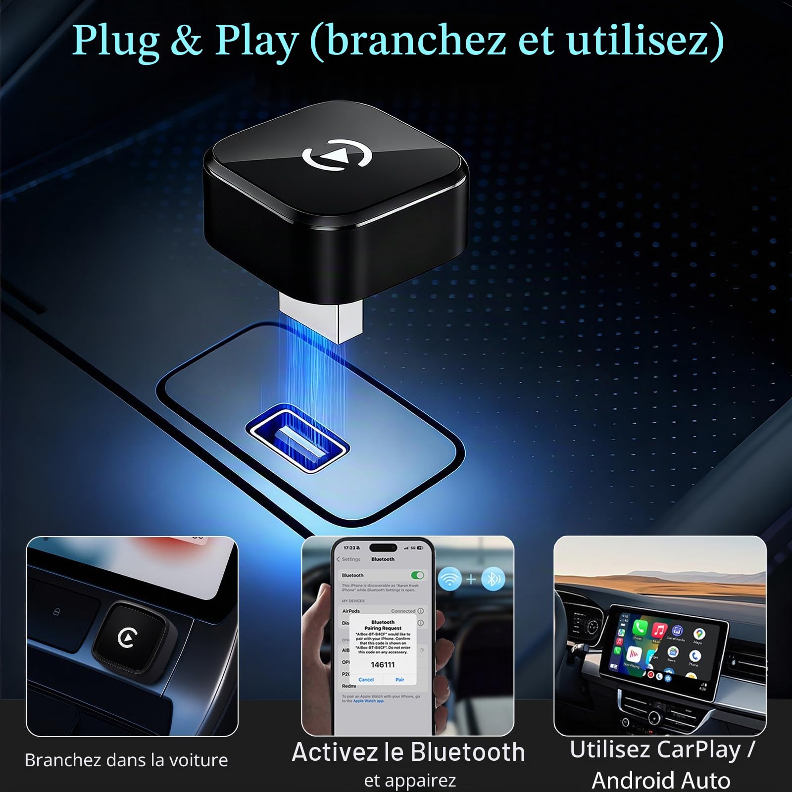 Sunweyer S41 Adaptateur Automatique sans Fil CarPlay et Android en Forme de L : Mise à Niveau Filaire vers sans Fil, Design Compact de Moins de 2 cm pour Voitures filaires d'usine (L Noire)