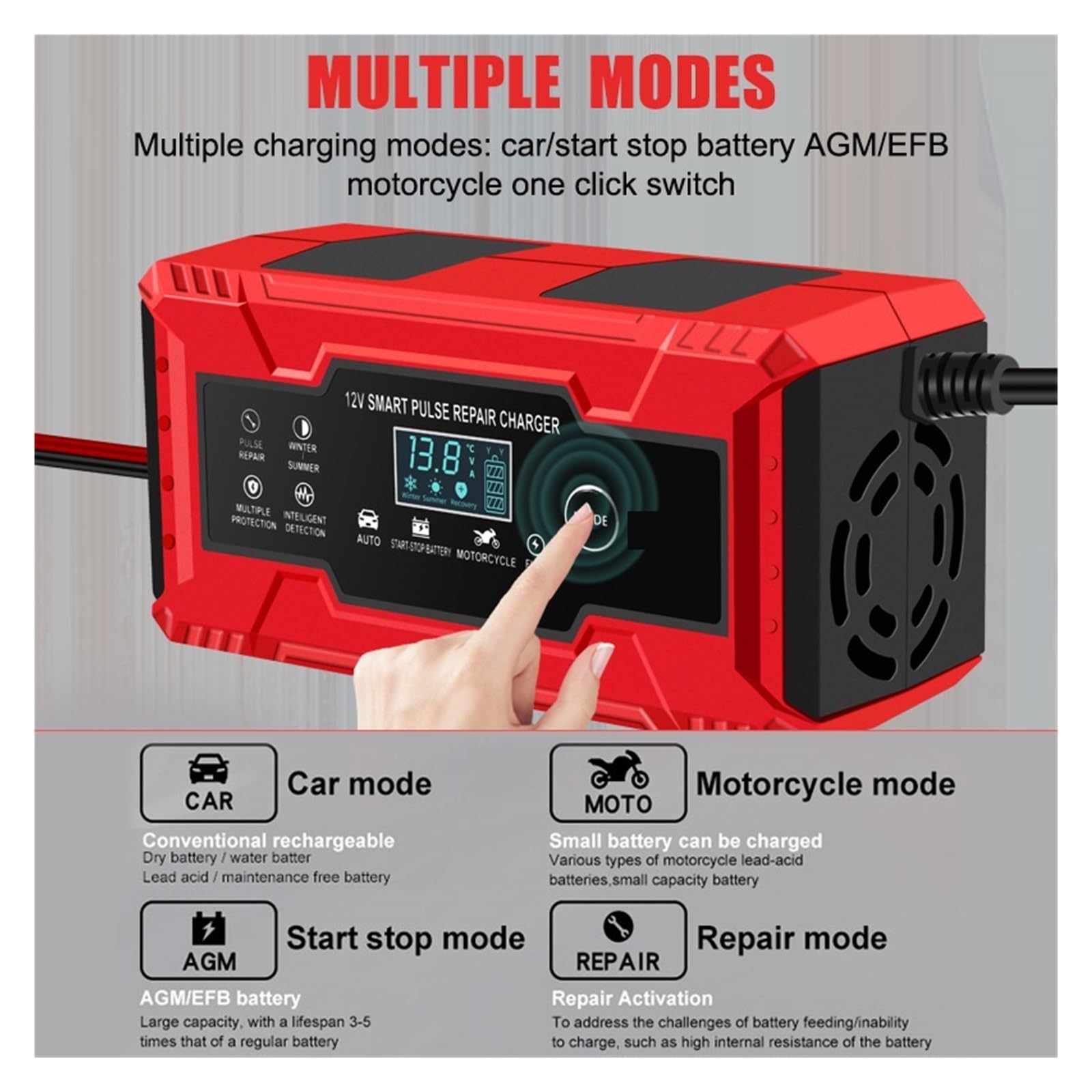 Ładowarka Samochodowa 6A 12V Inteligentna Automatyczna Szybka Moc Ładowania Naprawa Impulsów Mokry Suchy Kwasowo-ołowiowy Wyświetlacz LCD Do Motocykla Wydajne Szybkie ładowanie(Red)