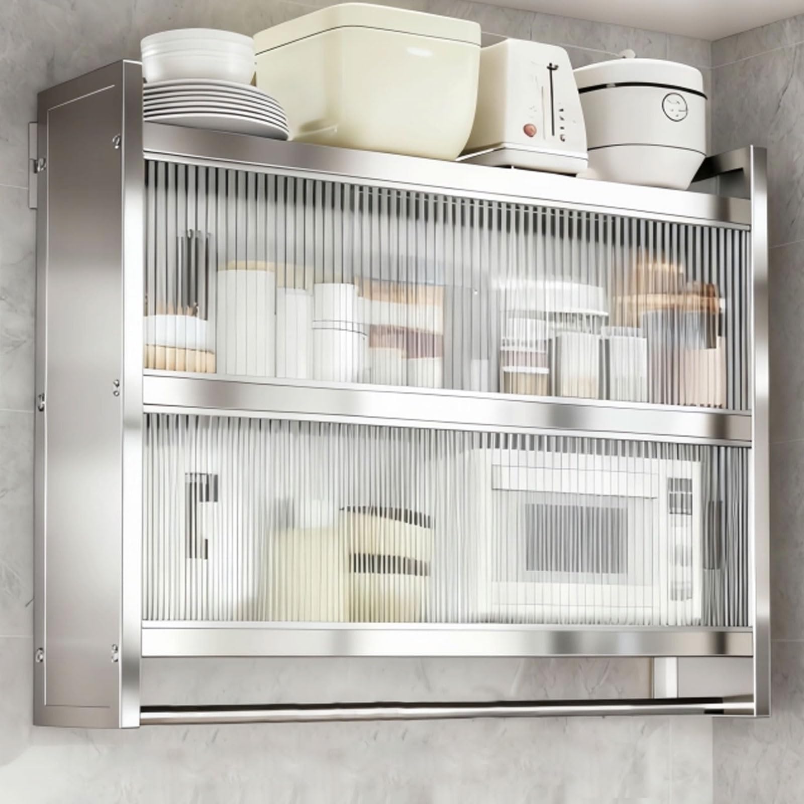 Armario de Pared Colgante de Acero Inoxidable para Cocina Baño Garaje con Puerta Corredera Semitransparente Barra para Colgar Varios Tamaños Disponibles(120 * 32 * 71cm)