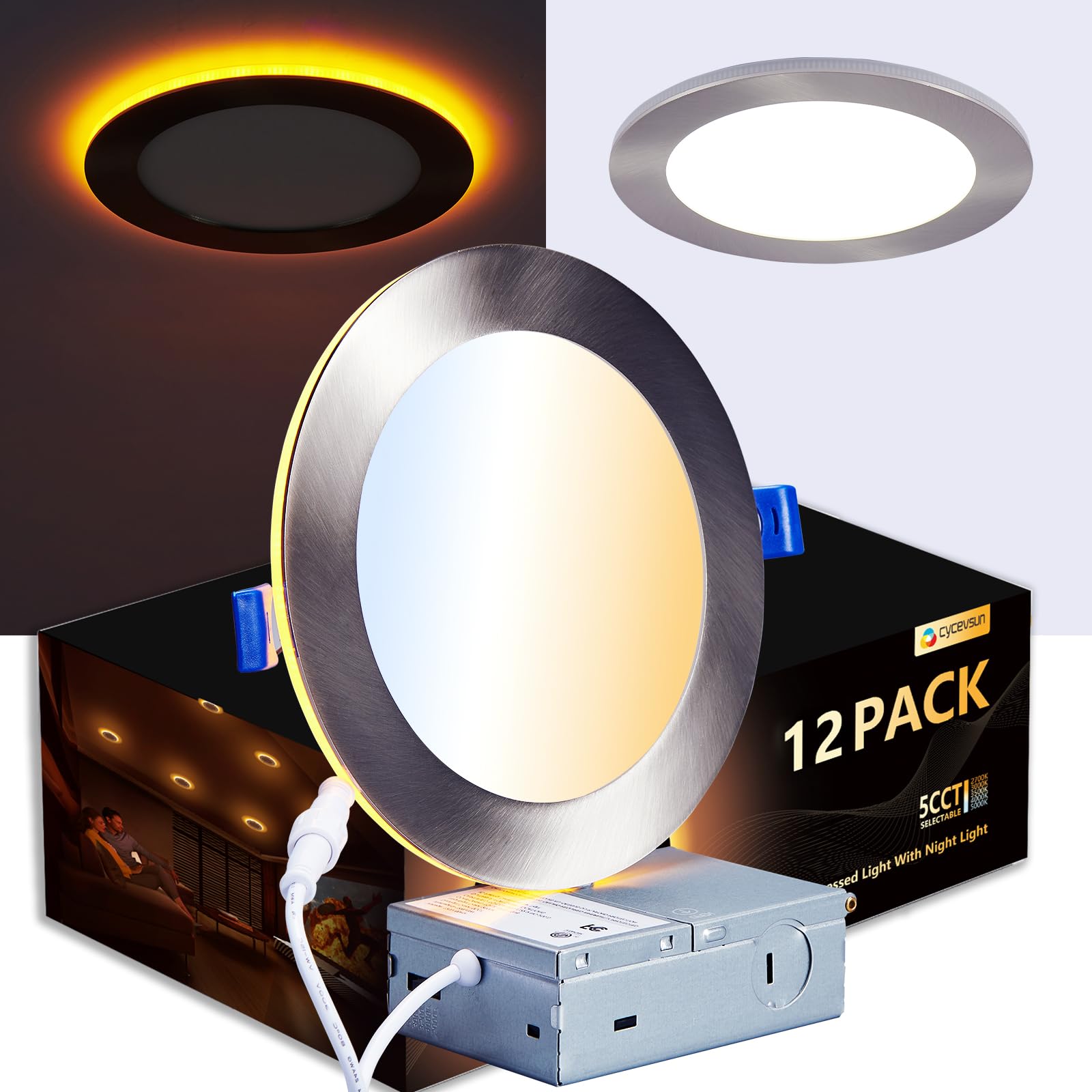 CycevSun Pot Lights LED 6 Inch Brushed Nickel Slim Recessed Lighting with Night Light, Dimmable & 5CCT Selectable, Canless Wafer Downlight Outdoor Soffit, 12W, cETL, 12 Pack