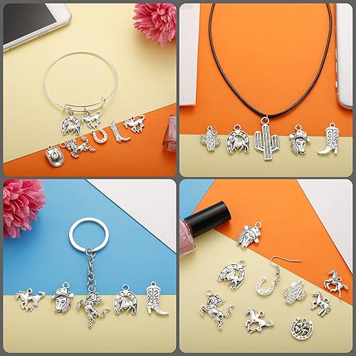 Miniatura 4 de 78 dijes de vaquero occidental para hacer joyas, dijes de caballo occidental para botas de vaquero, colgantes de aleación de plata antigua para