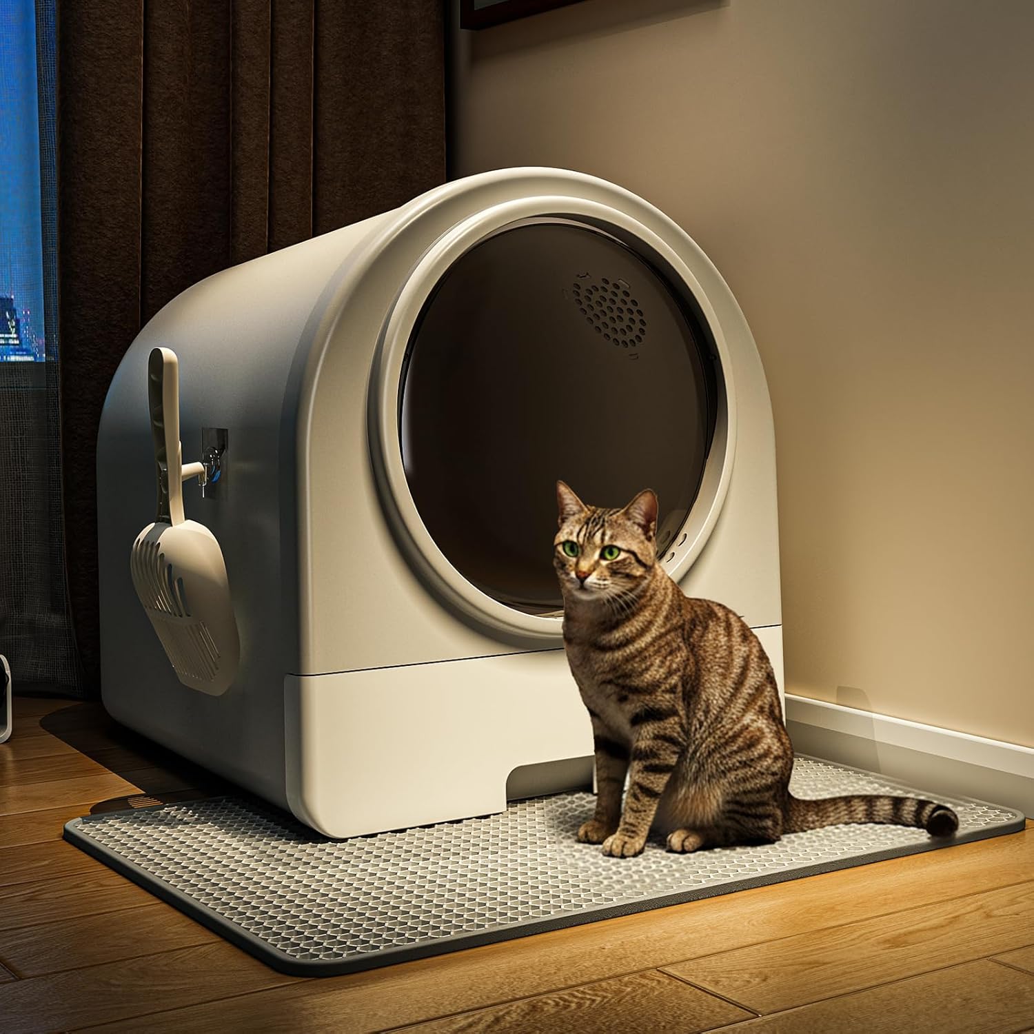 Oneluck Dome Litter Box, Drawer Type Large XL Cat Toilet, Covered Hidden Dog Proof,with Scoop,Mat, for Odor Control and Less Trackin,Gray