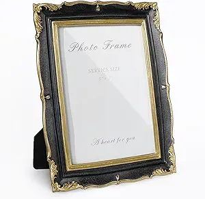 Vintage Picture Frame 5x7 Black and Gold Frame, Ornate Textured Hand-Crafted Resin Photo Frames with Glass Front, Decorative Picture Frame for Wall & Tabletop, Antique Frame Home Decor