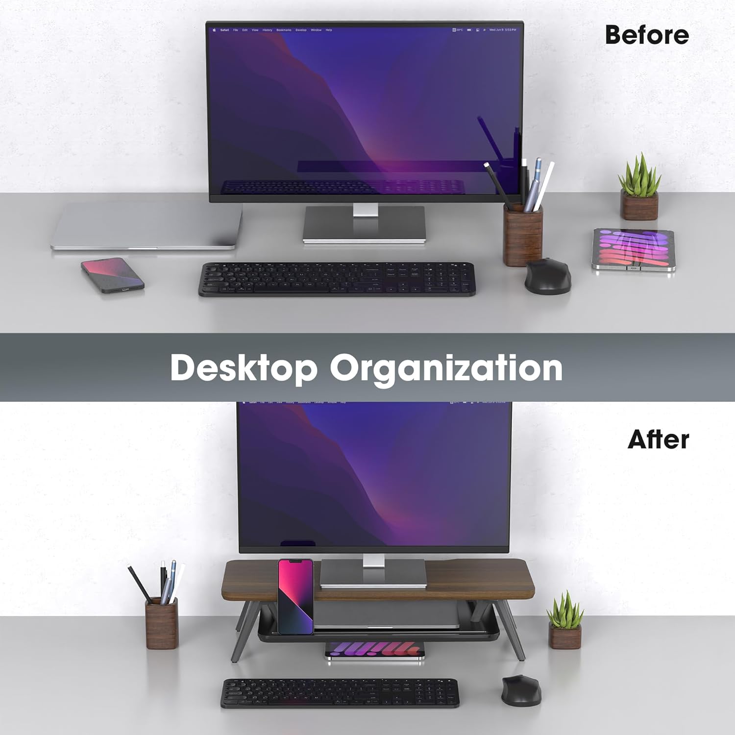 Fenge Monitor Stand, Monitor Stands Riser for Desk, 23.6 Inch Wood Desk Shelf with Storage Organizer and Cable Management for Office Desk Accessories Walnut 23.6 Inch