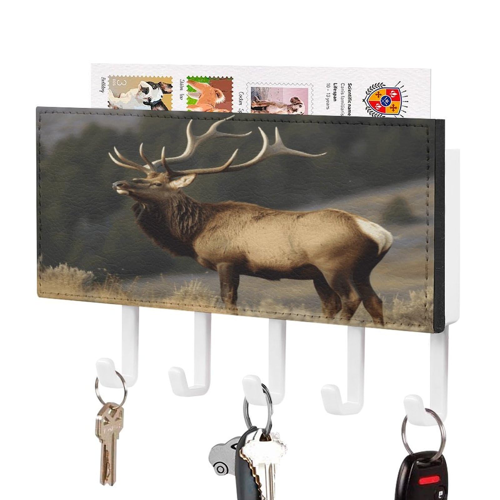 Vstadank White-Style Bull Elk Key Holder For Wall Key Holder Wall Mount Adhesive With Mail Organizer Tray Adhesive Metal Key Rack With 5 Hooks Hanger Pu Leather Key Hanger For Entryway