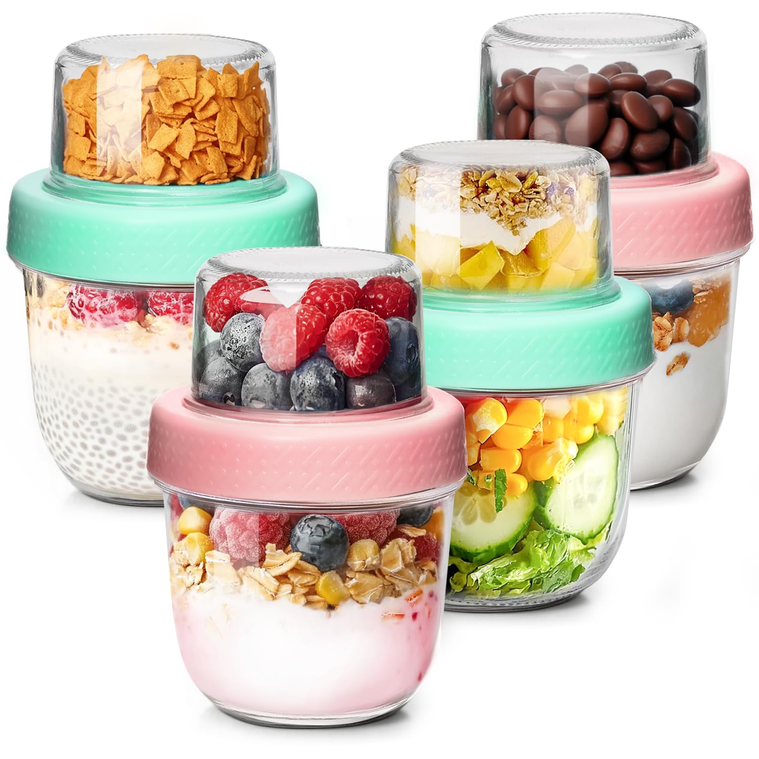 ComSaf Overnight Oats Container 240+120mL, 4Pcs Glass Yogurt Pots, Dual-Layer Overnight Oats Jar
