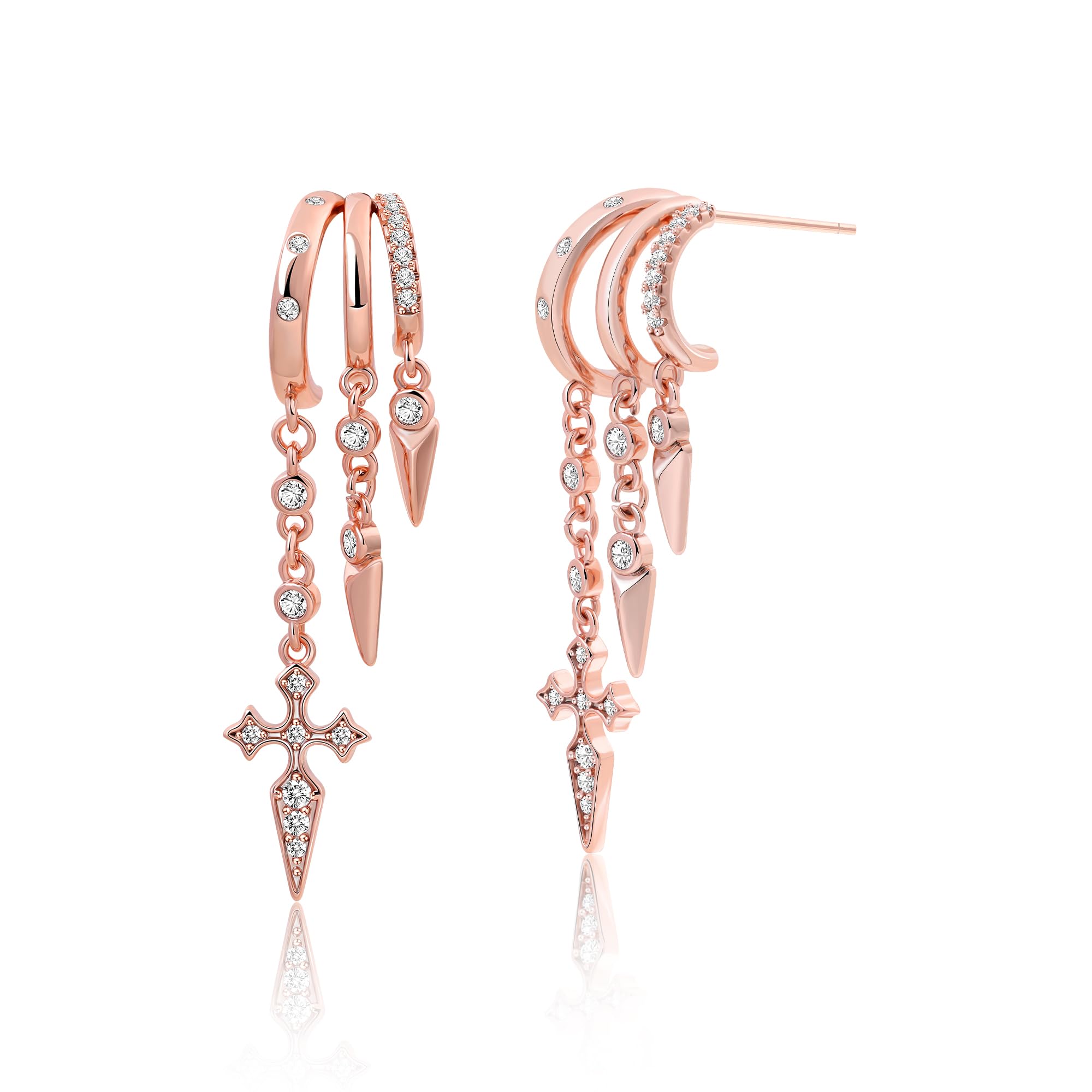 Chihayafuji Ohrringe Silber 925 für Damen 14 Karat Vergoldete Triple Illusion Huggie Creolen Gothic süße Mond Stern Kreuz Hängeohrringe Ohrringe Damen Schmuck