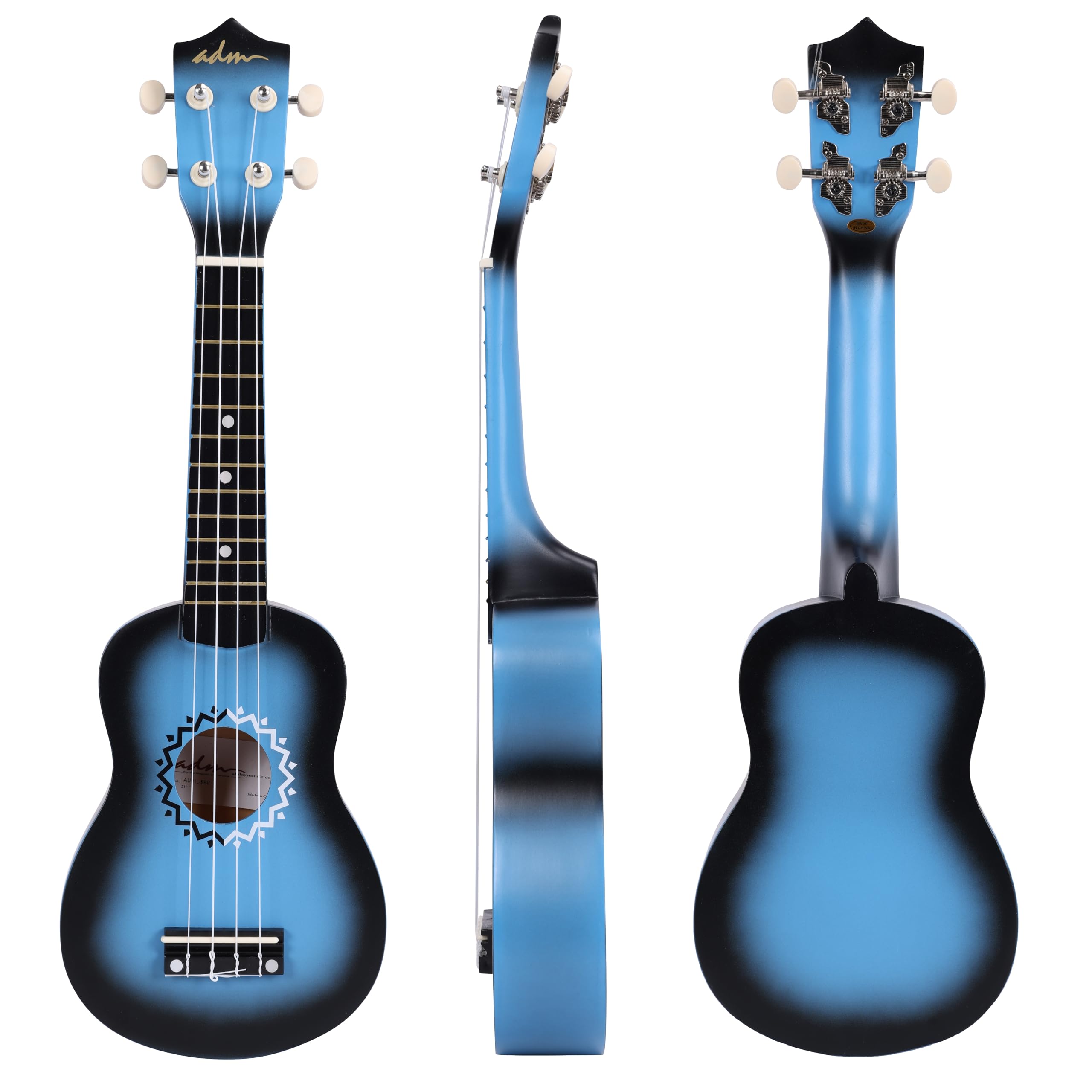 ADM Sopran Ukulele Set für Kinder und Anfänger, Ukulele Starter Kit mit Tasche, Stimmgerät, Regenbogensaiten, Bunter Gurt, Plektron, Griffbrettaufkleber, Akkord-Karte (Blau)