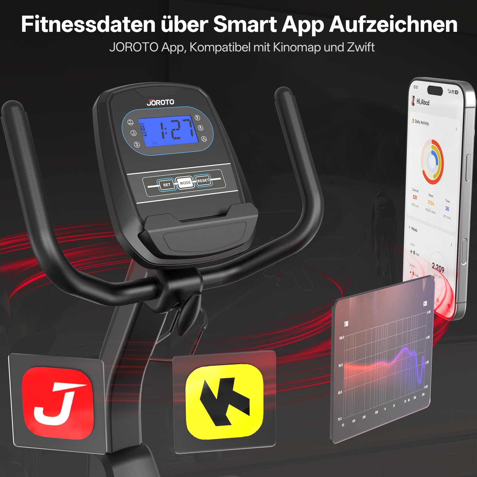 JOROTO JH50 Liegeergometer für Zuhause, Bluetooth liegefahrrad Heimtrainer mit App, 16 Widerstandsstufen, Verstellbarer Weiche Sitzfläche & Rückenlehne bis 182KG, LCD-Display, Herzfrequenzsensoren