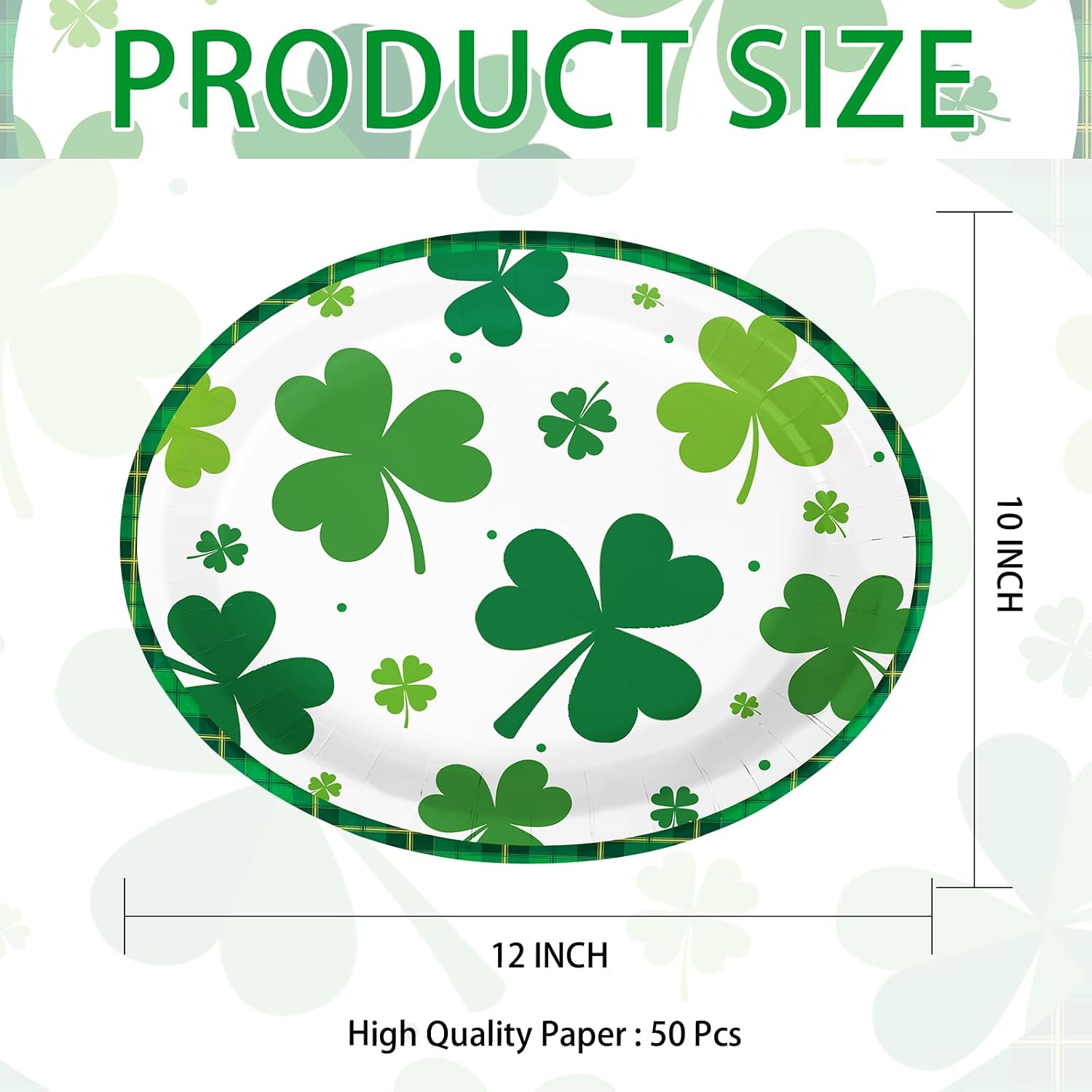 50Pcs St. Patrick’s Day Oval Paper Plates 10" x 12" Large Heavy Duty Disposable Spring Green Irish Shamrock Dessert Platters Lucky Clover Plates for Summer Holiday Festival Party Supplies Decoration