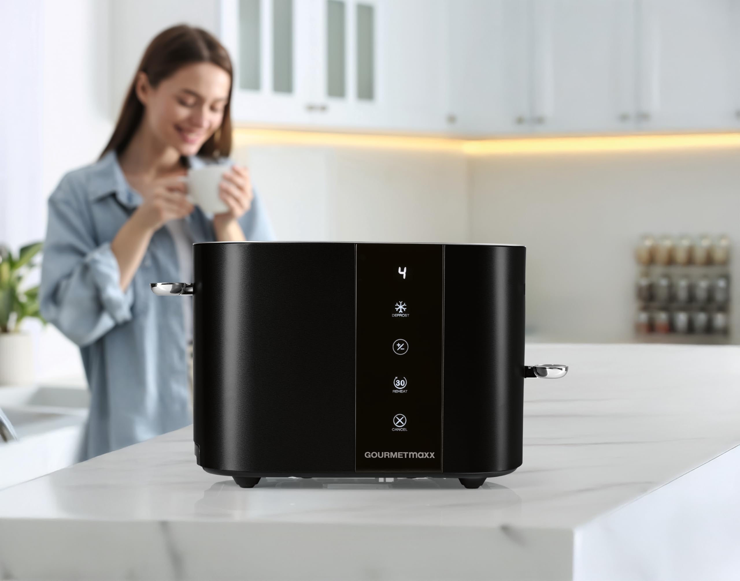 GOURMETmaxx Tostadora corta para 2 rebanadas | Tostadora negra con 6 niveles de bruñido y cuenta regresiva Ready 2 eat | Aparato de cocina eléctrico con pantalla táctil, soporte para pequeños