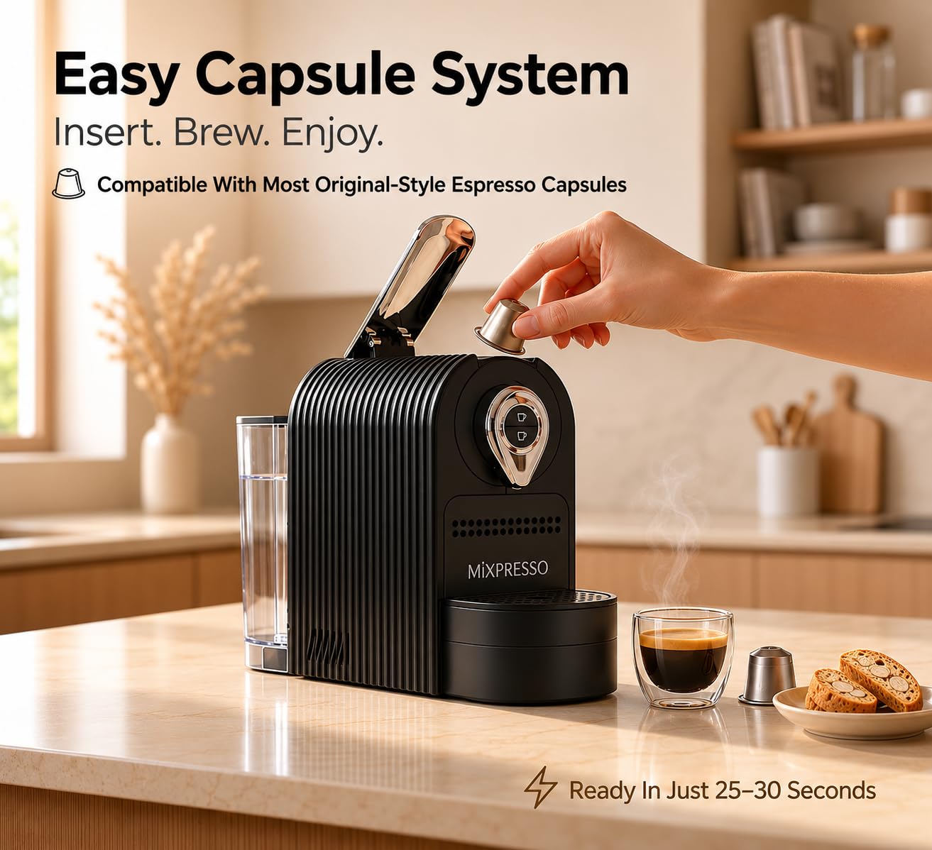 Mixpresso Cafetera espresso negra – Cafetera compacta de 1400 W, compatible con cápsulas Nespresso OriginalLine, operación de un solo toque, bomba italiana de 19 barras, tanque de agua de 26 onzas