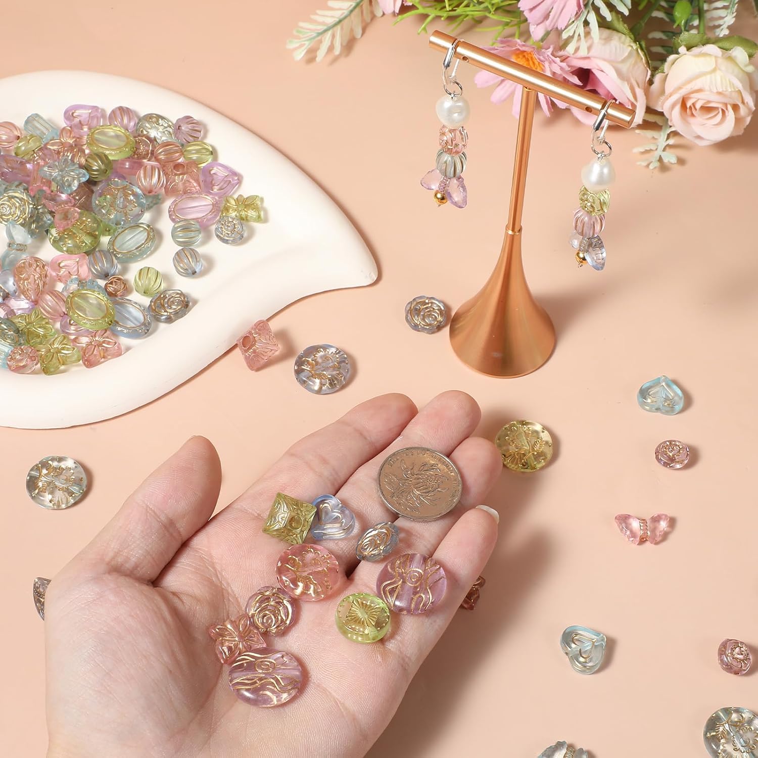 100PCS Bohemia Acrylic Beads Cute Kawaii Aesthetic Assorted Beads Mix Metal Enlaced Transparent Bead Heart Butterfly Flower Round Oval Czech Bead for Bracelet Earring Necklace DIY Craft - Image 5