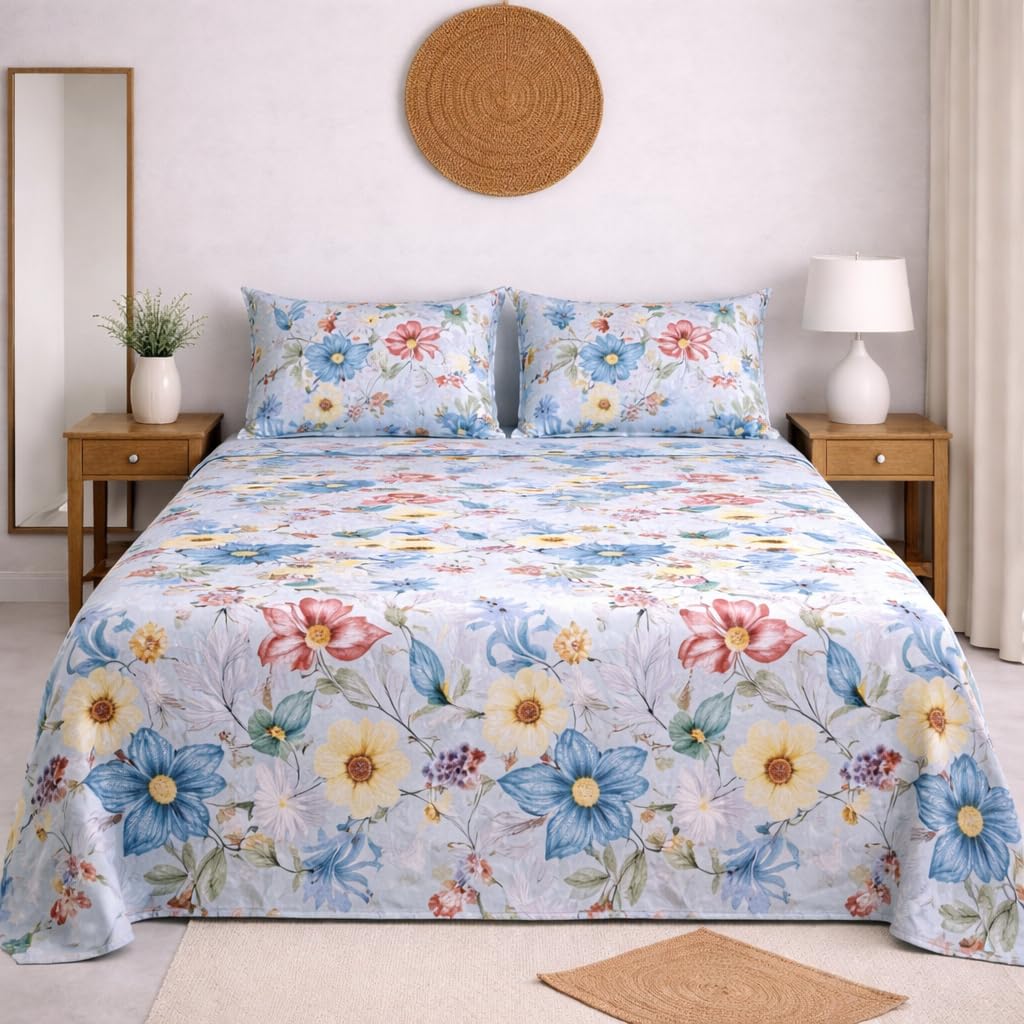 DECORUM Cloud Cotton Double Bedsheet Floral Print with 2 Pillow Covers | 244 TC | Ultra Soft Feel | Premium Comfort | Breathable & Skin Friendly | for Bedroom (90 x 90 Inches)