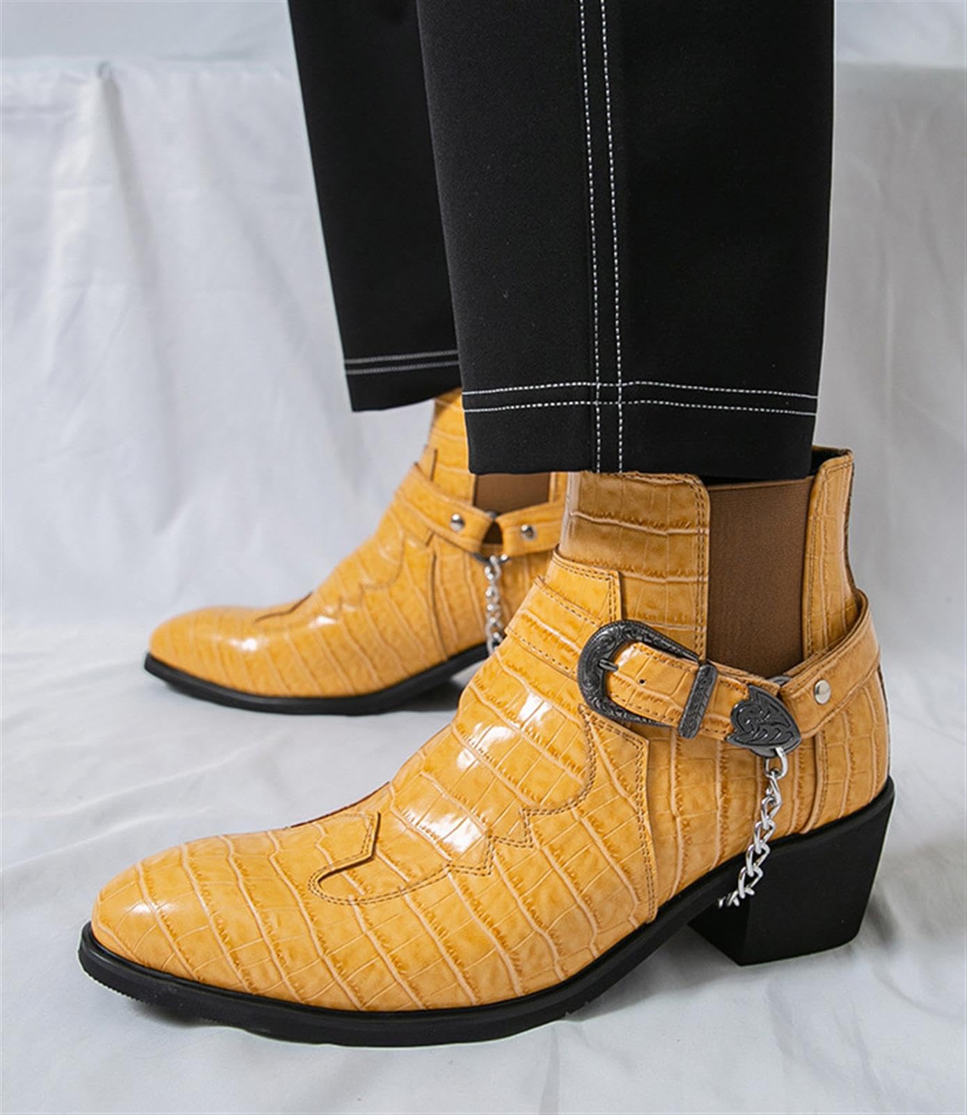 Stivaletti Chelsea Uomo Effetto Coccodrillo con Catena e Fibbia | Scarpe Uomo Stivaletti Western Eleganti Punta Affusolata Comode Suola in Gomma Resistente Ideali per Feste e Occasioni