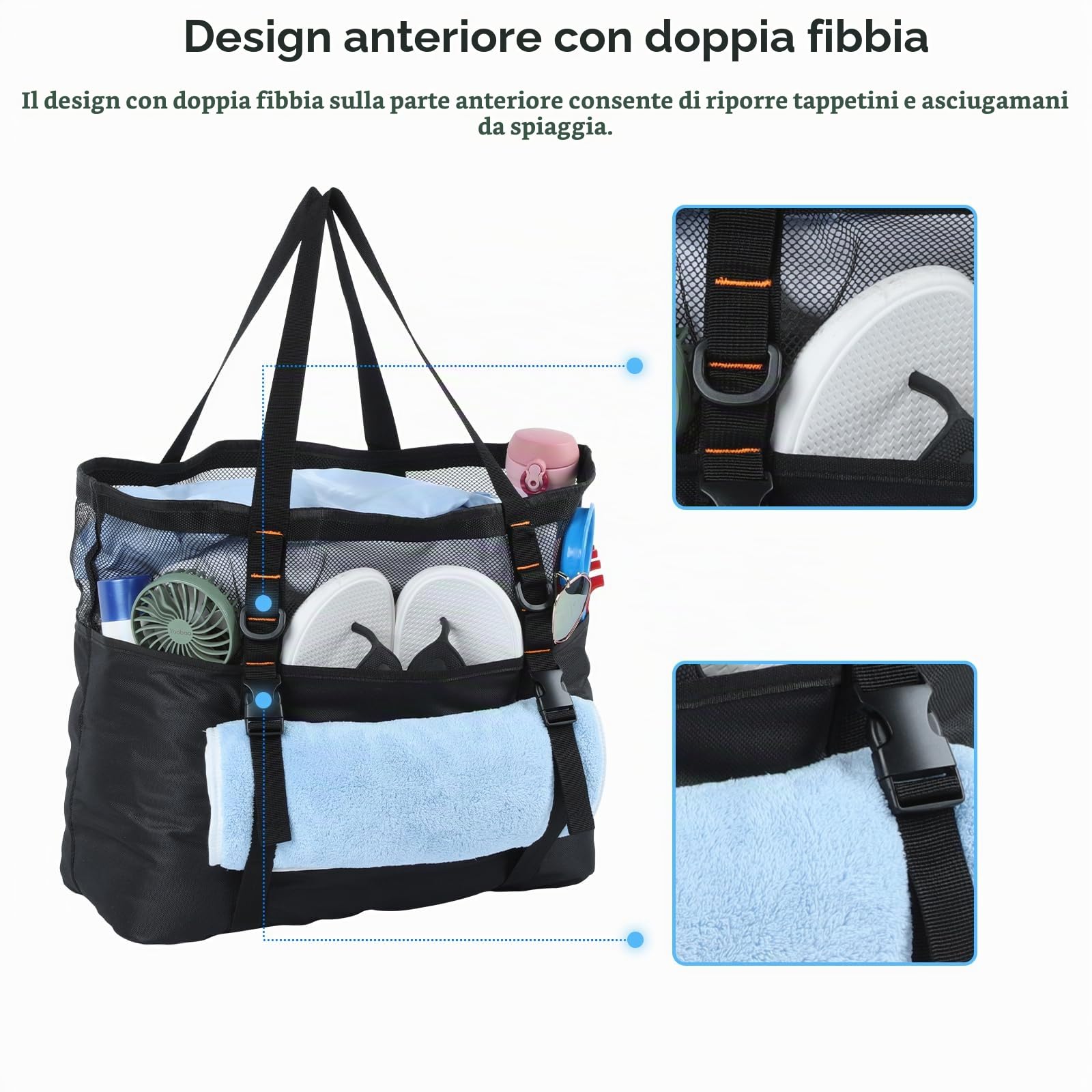 Cozary Borsa Mare Grande 40L, Borsa da Spiaggia Impermeabile con Rete Traforata & Cerniera sul Fondo per la Sabbia - Pieghevole, 6+1 Tasche per Piscina, Viaggi, Sport