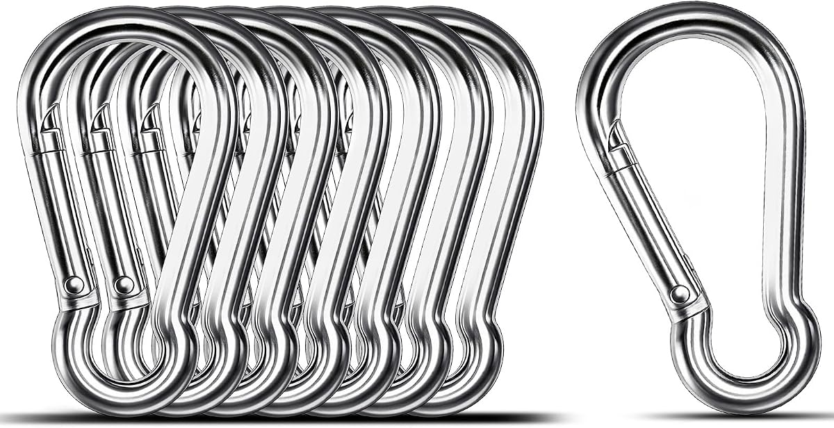 Clip de mosquetón pequeño, 8 mosquetones de acero inoxidable 304 de 1,57 pulgadas, clips de gancho de resorte de metal para viajes al aire libre, camping, pesca, llavero colgante
