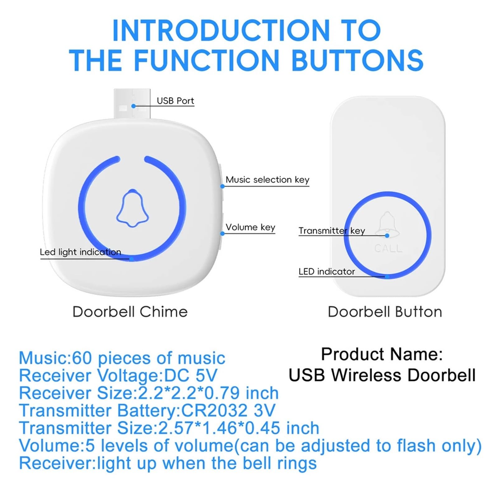 MHz Sonnette sans Fil extérieure for la Maison USB Sonnette de(Black Doorbell 12)