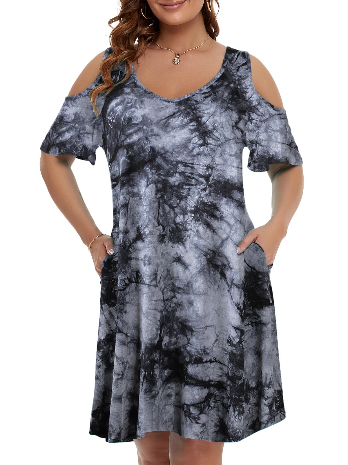 JollieLovin Womens Plus Size Short Sleeve Cold Shoulder V Neck T-Shirt Dress with Pockets