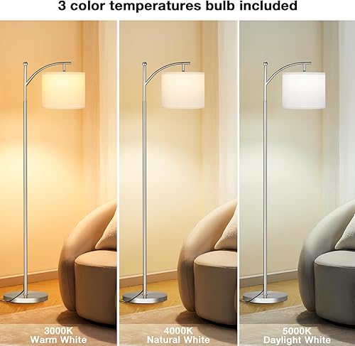Miniatura 6 de Ambimall Lámparas de pie para sala de estar con 3 temperaturas de color, lámpara de pie plateada con pantalla blanca ajustable, lámparas altas para