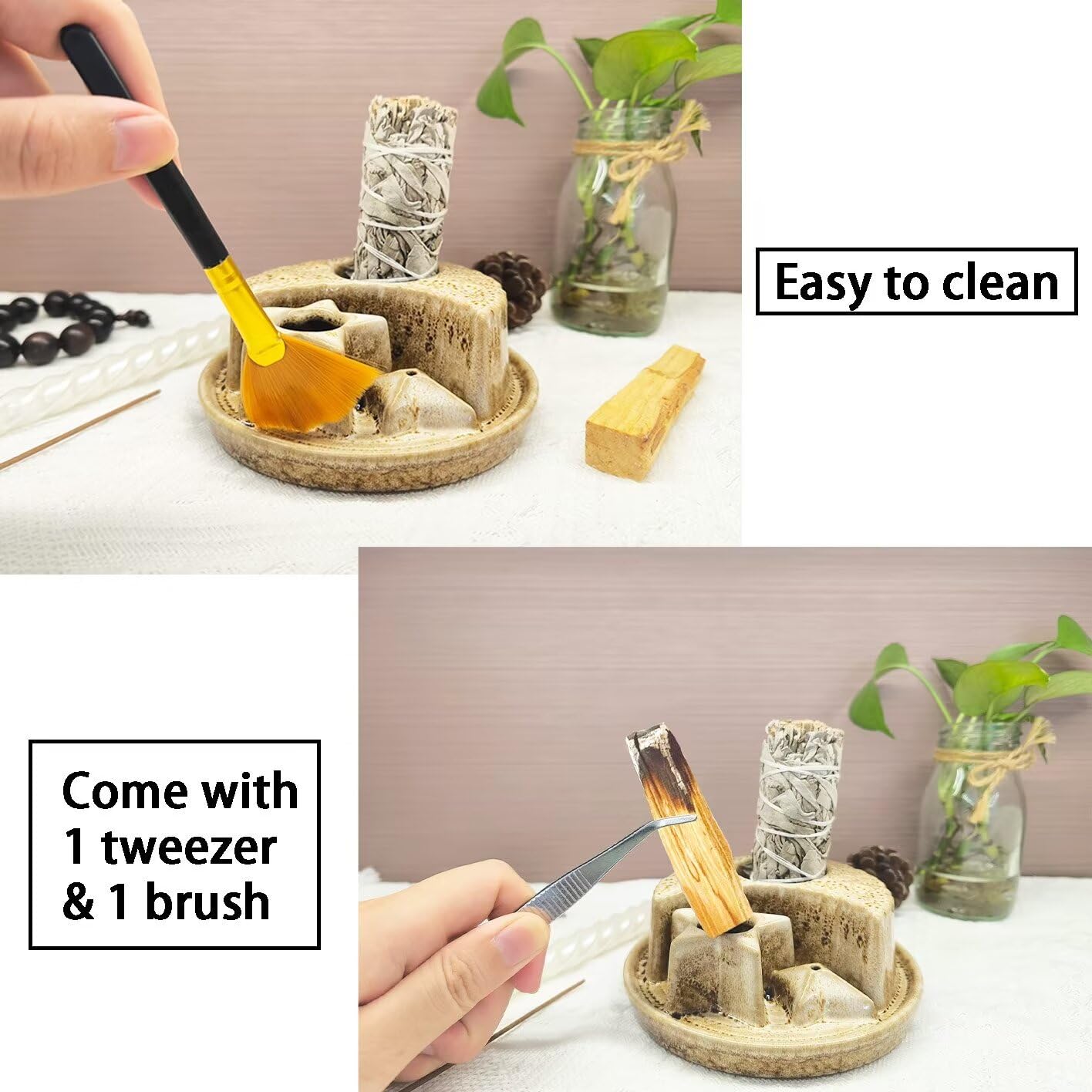 Palo Santo - Soporte para palitos de cerámica para quemar, 4 en 1 para incienso y velas, bandeja colectora de cenizas para meditación, sala de yoga, moteado blanco
