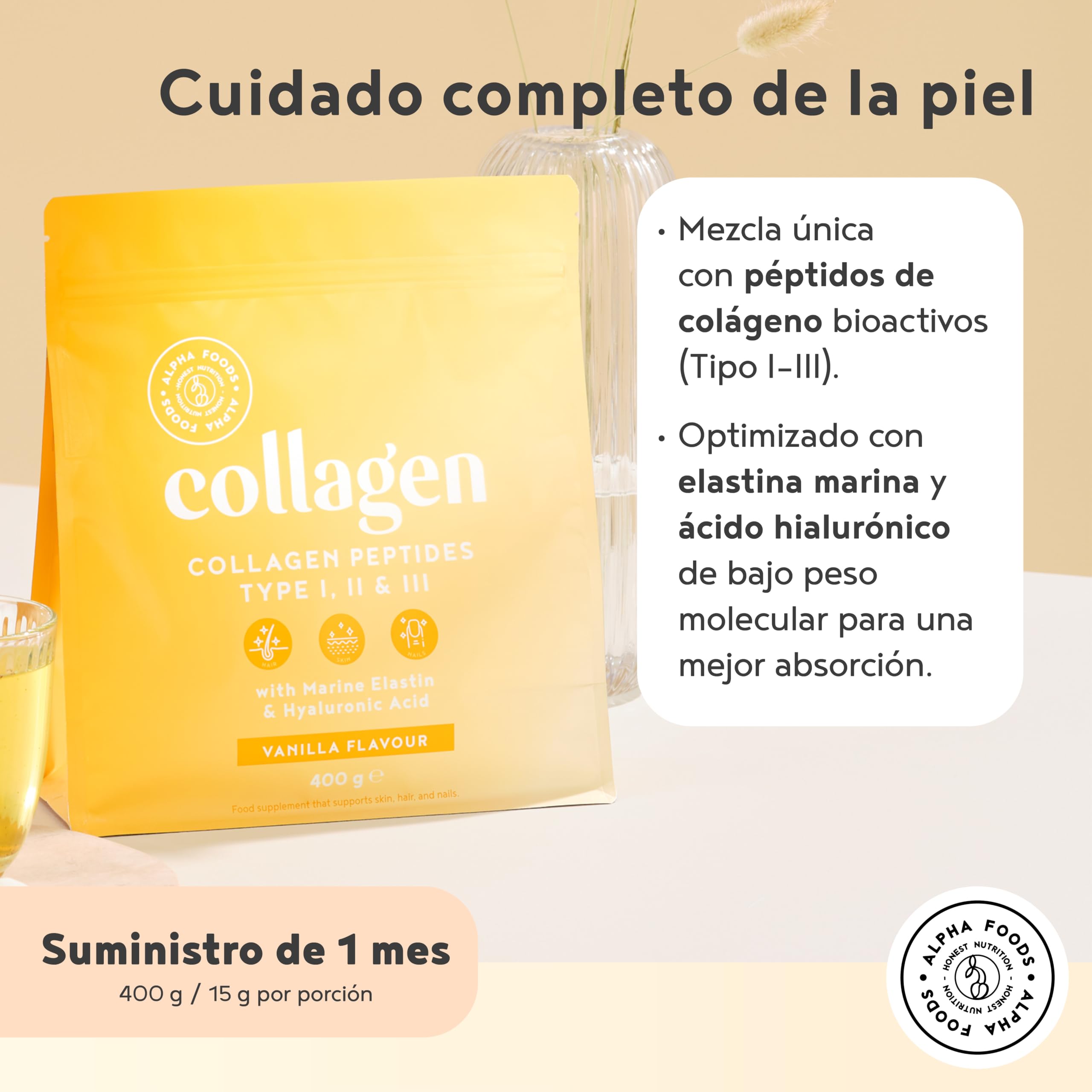 Colágeno en Polvo 400g | Péptidos de Colageno Hidrolizado con Acido Hialuronico y Elastina Marino | Collagen Peptides Tipos I, II, III | Sabor Vainilla | Alpha Foods