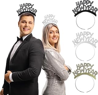 Amosfun HAPPY NEW YEAR Headband Tiara New Years Party Favors Gold Silver Black 12 Pieces