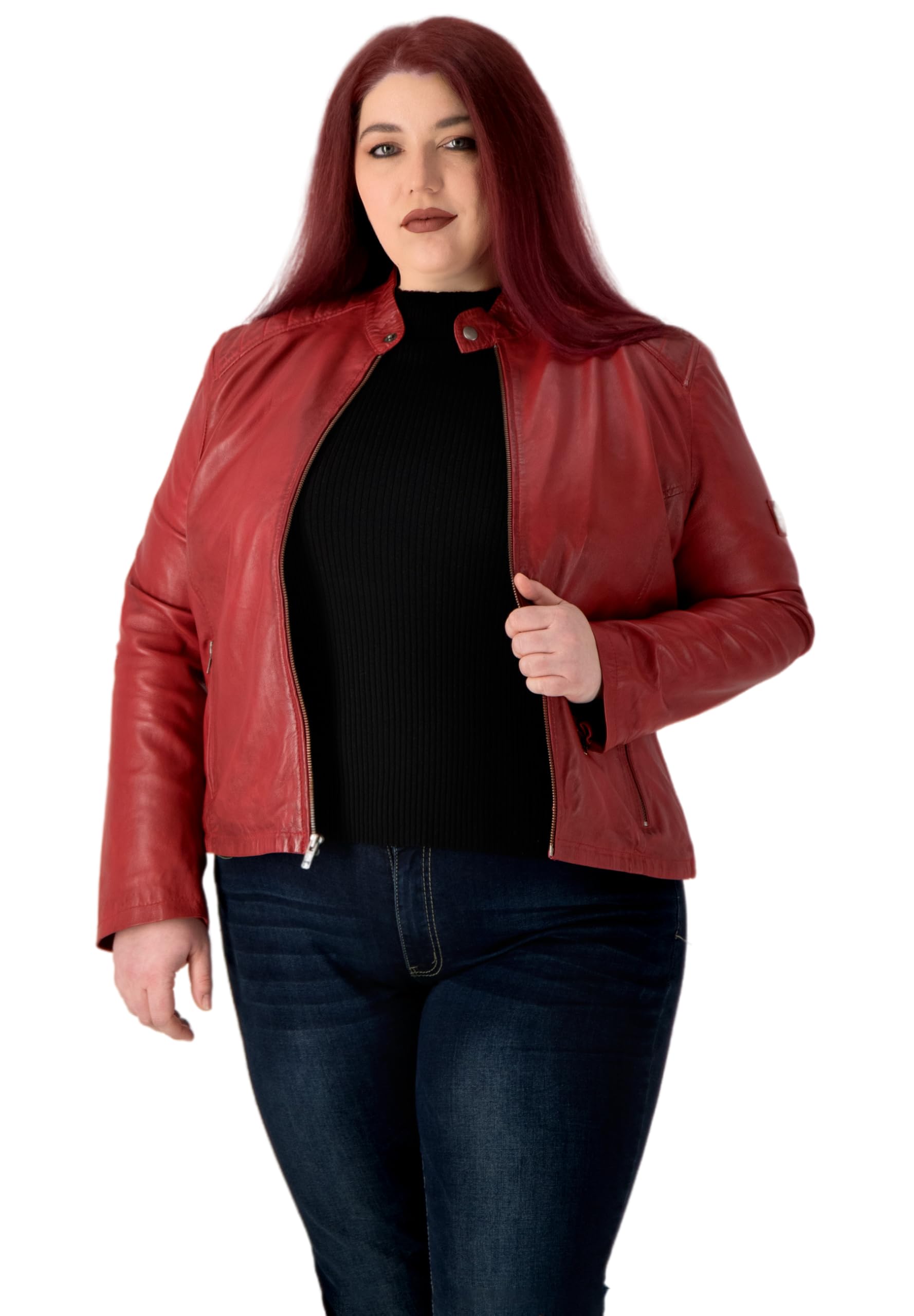 URBAN 5884 Riley Women's Leather Jacket, Real Lambskin Jacket for Plus Size, Durable and Soft to the Touch, red, 48 Große Größen