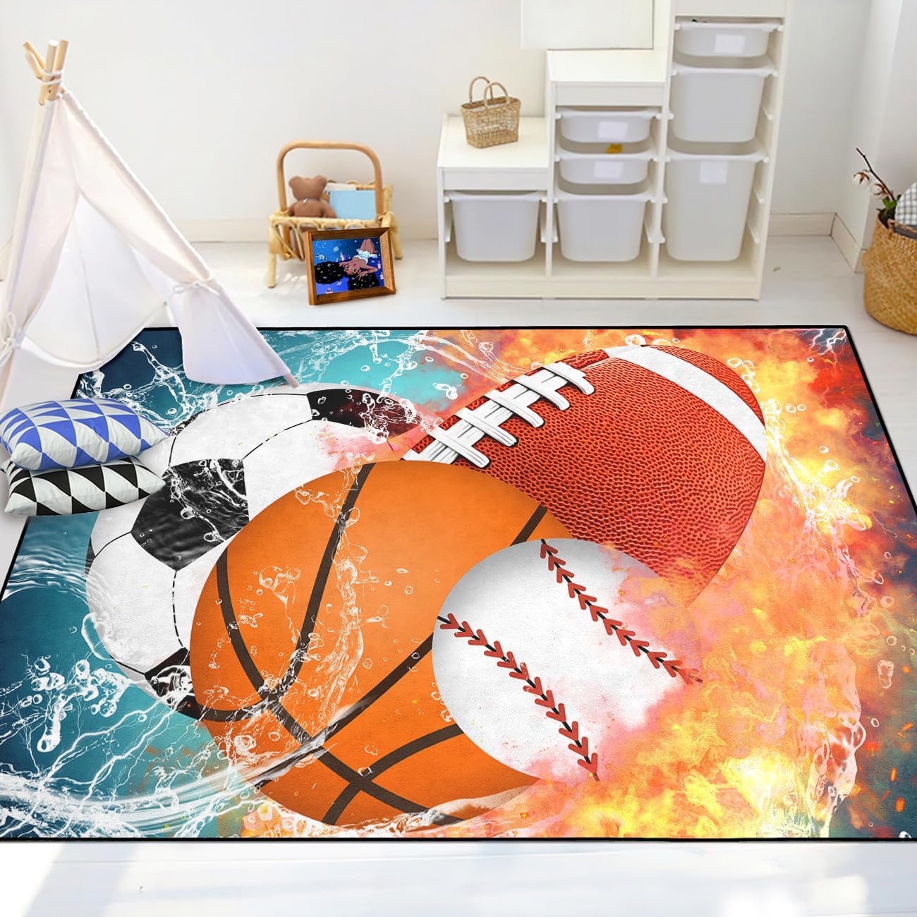 Basketball Rug for Boys Bedroom Kids Football Carpet Water Fire Sports Rugs for Boys Bedroom Baseball, Soccer Rug for Playroom Living Room Decor Sofa Mat, 2.5x4 Feet
