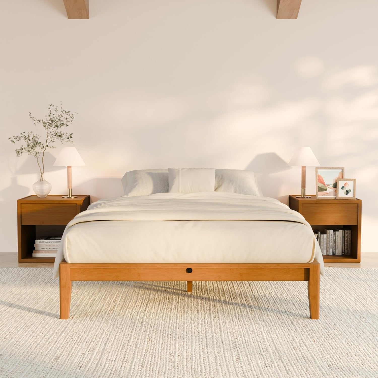 RECCI Bettgestell 140x200 aus massivem Bambus, Massivholzbett mit Steckverbindung, Modernes minimalistisches Bett, Geräuschlos, Werkzeuglose Montage, Bambus Natur