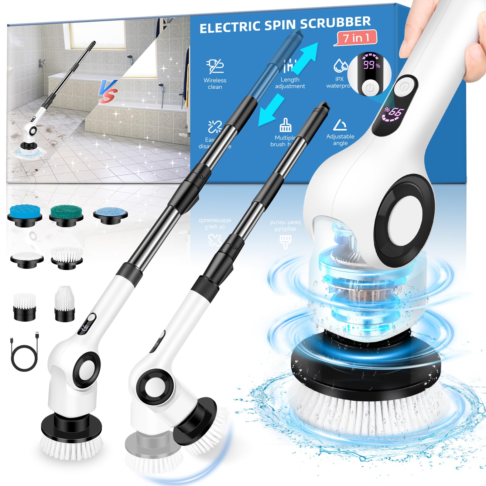Electric Spin Scrubber, Electric Scrubber with 7 Brush Heads & Extension Handle, Cordless Shower Cleaner IPX7 Bathroom Power Scrubber, Cleaning Brush for Floor Tile, Tub, Kitchen- White