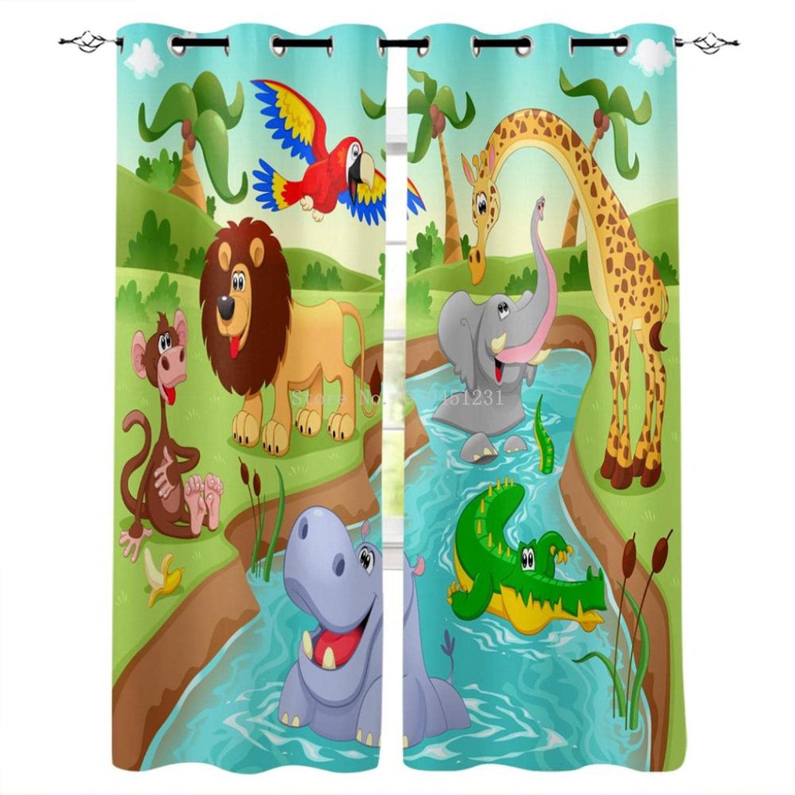 HAOGG Curtains Room 3D Green Jungle Animal Lion 2 x 70 x 160 cm Children's Thermal Insulated Print Curtains Living Room Opaque Window Modern Bedroom Decoration 2 Pieces