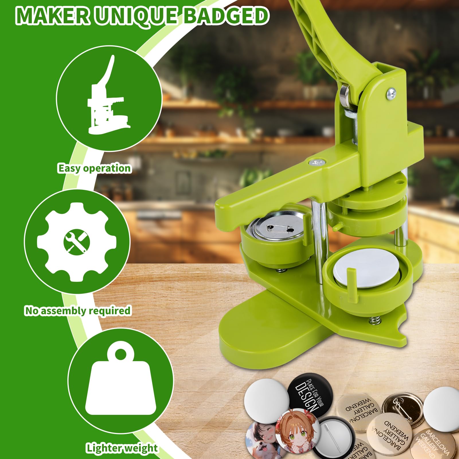 Maszyna do wyciskania plakietek, Maszyna do guzików, ze 100 guzikami/obrazkami i nożem do wycinania kółek dla postaci dla ludzi, dzieci DIY Gift Pin Maker (zielona, 32 mm)