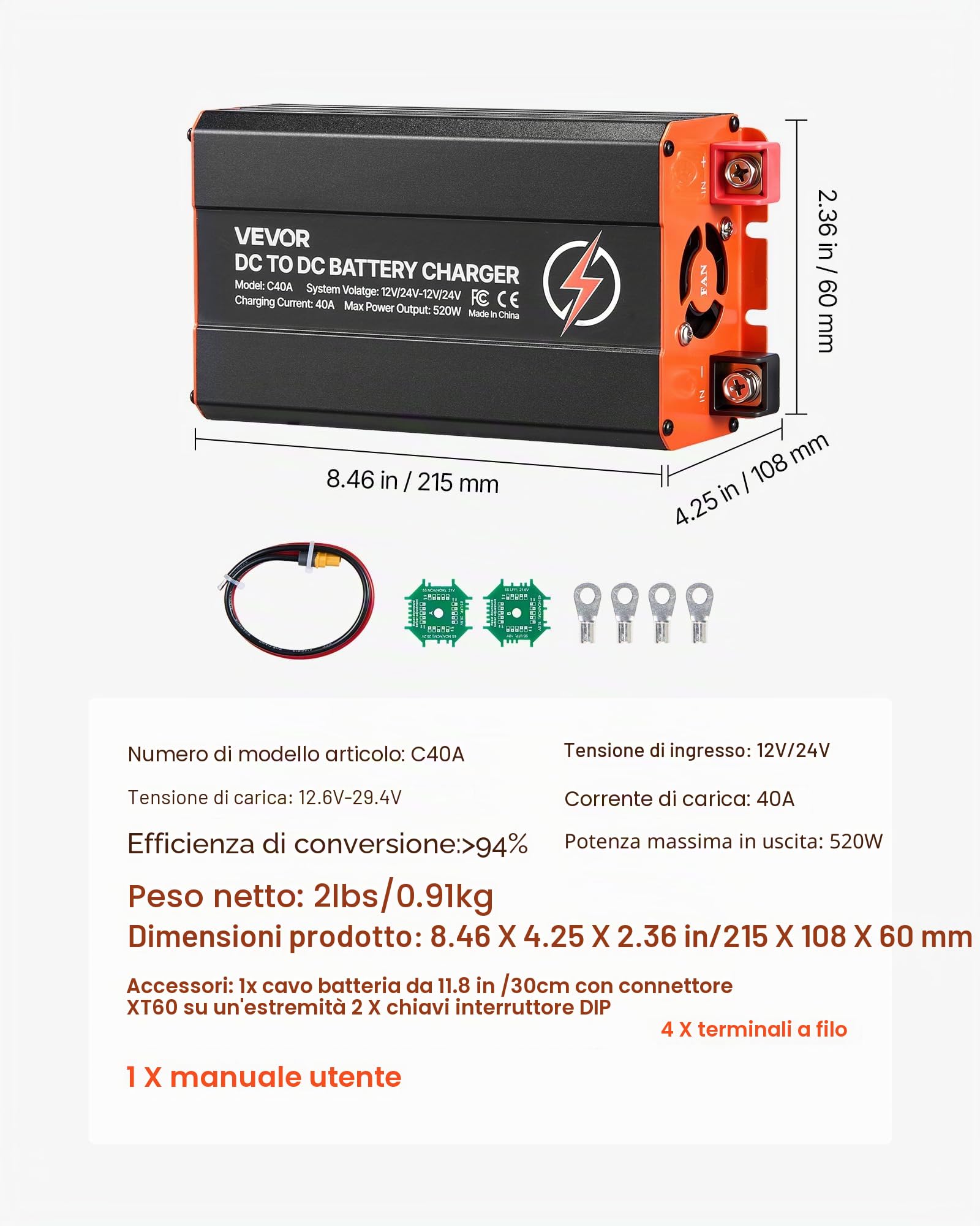 VEVOR Caricabatterie CC-CC per Batteria al Piombo LiFePO4, Caricabatterie Potenza Uscita max 520 W Corrente 40 A 12V/24V-12V/24V con 2 Interruttori DIP per Camper Barca Roulotte Auto Rimorchio