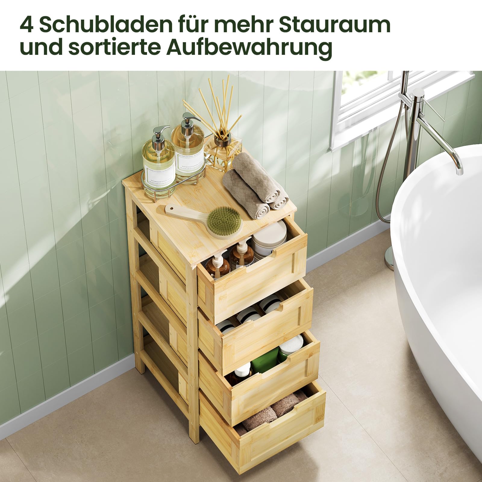 EUGAD Badezimmerschrank, Badschrank Bambus, Badregal mit 4 Schubladen, Badkommode stehend, Beistellschrank für Badezimmer Küche Flur, 30x80x30 cm