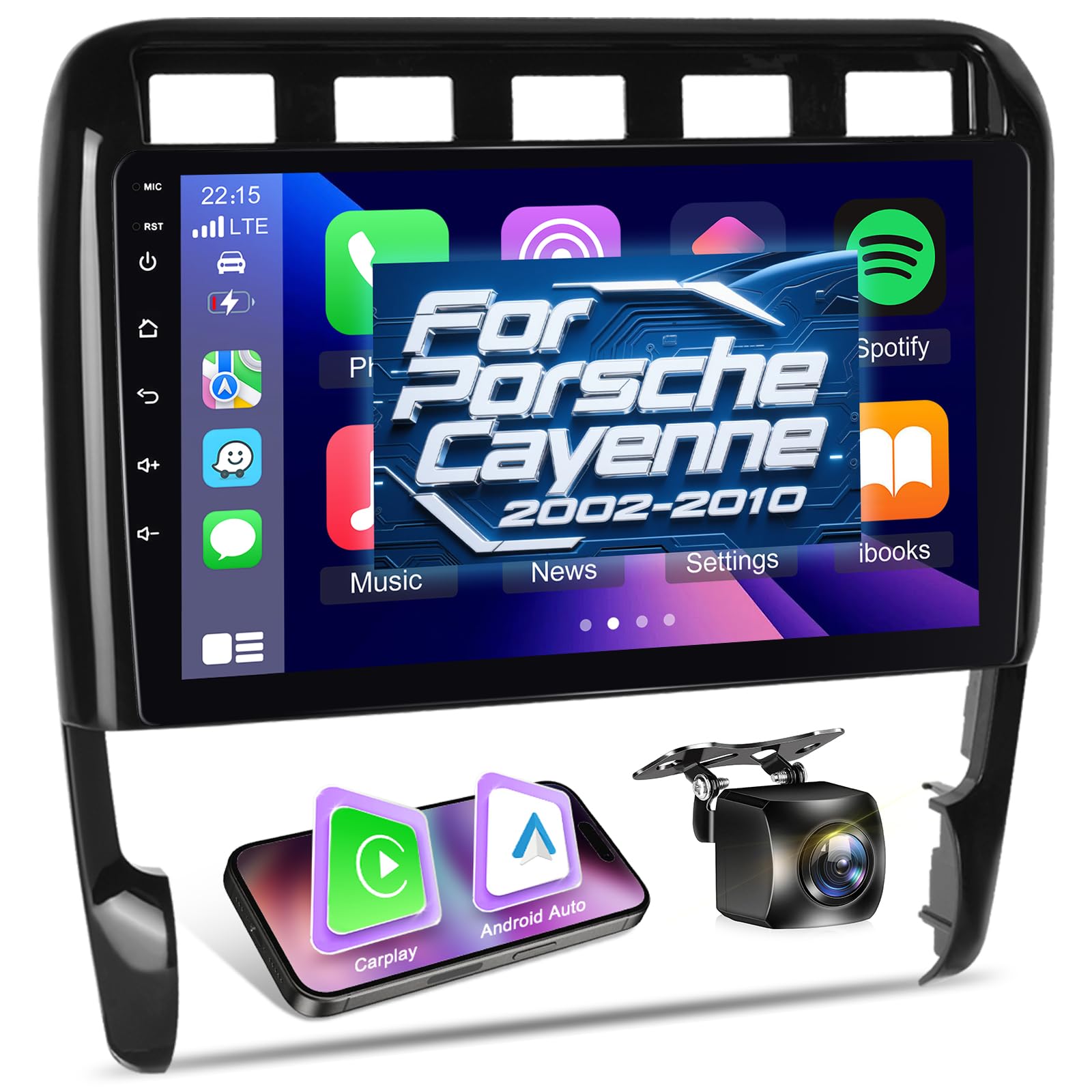 NHOPEEW Autoradio Android 2G+64G pour Porsche Cayenne 2002-2010 - sans Fil Carplay & Android Auto - Stéréo Android 9 Pouces avec WiFi EQ GPS Mirror Link FM RDS + AHD Caméra de recul&Mic