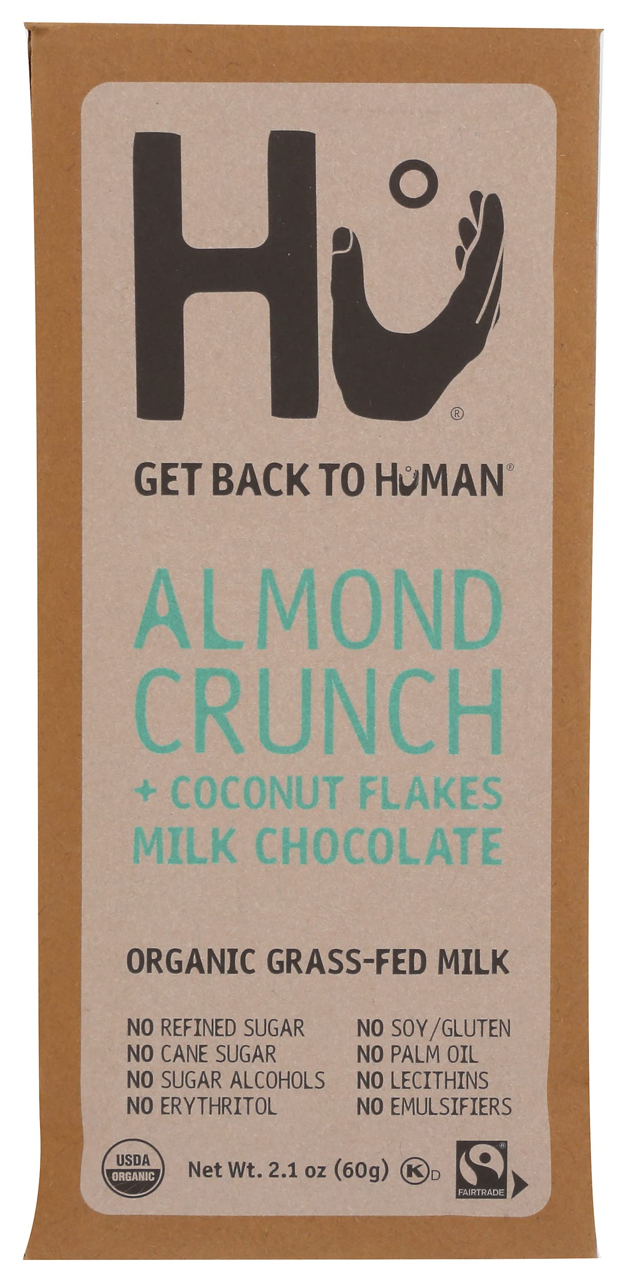 HU Organic Almond Crunch + Coconut Flakes in Milk Chocolate Bar, Gluten Free, No Refined Sugar, 2.1 Ounces (Pack Of 6)USDA OrganicFairtrade InternationalFairtrade InternationalFairtrade InternationalFairtrade International