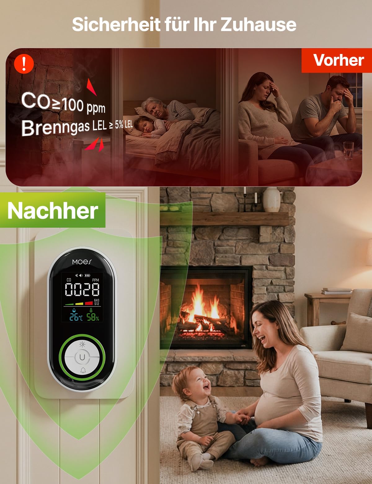 MOES 4-in-1 Gasmelder und Kohlenmonoxid Melder für Steckdose mit 1000mAh Akku, CO & Gaswarngerät (Erdgas/Propan) mit Temperatur & Luftfeuchtigkeit Display, 85dB Alarm für Zuhause und Wohnmobil