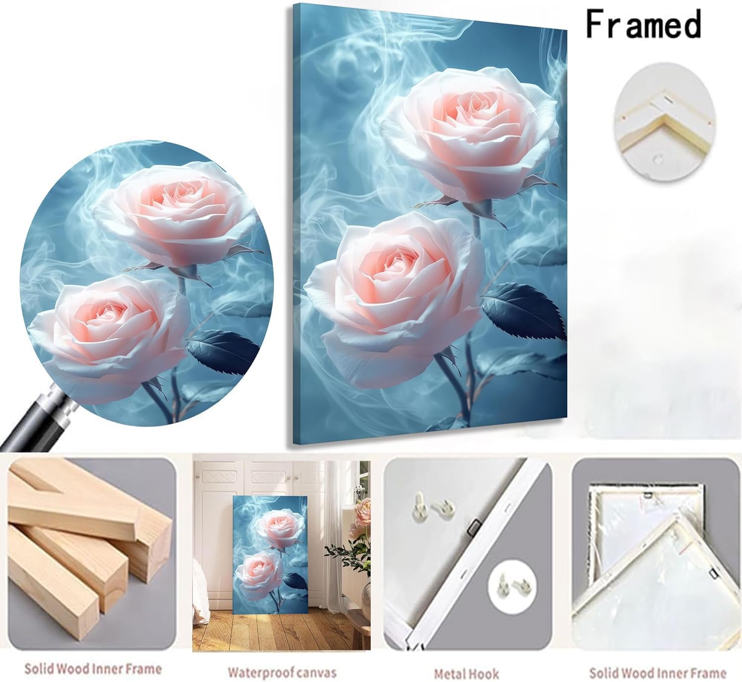 Pink Rose Canvas Wall Art Abstract Smoke Rose Picture Wall Decor Modern Flower Poster Print Printing For Living Room Bedroom Bathroom Decoration Ready To Hang - Image 7